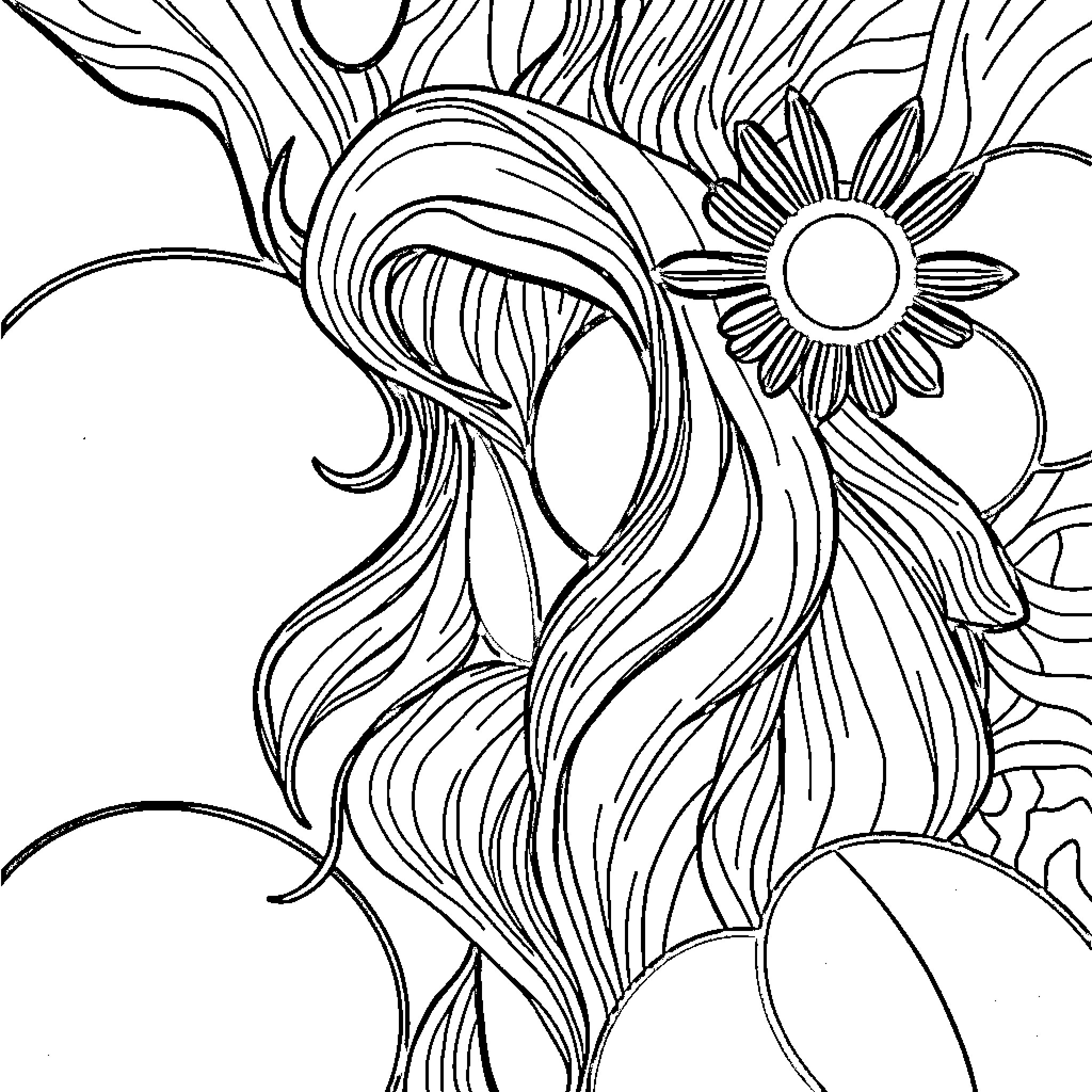 Graphic Abstract Floral and Swirling Design Coloring Page (free black-and-white line drawing printable PDF for all, from beginners to advanced learners, including children, teens, adults, and seniors)