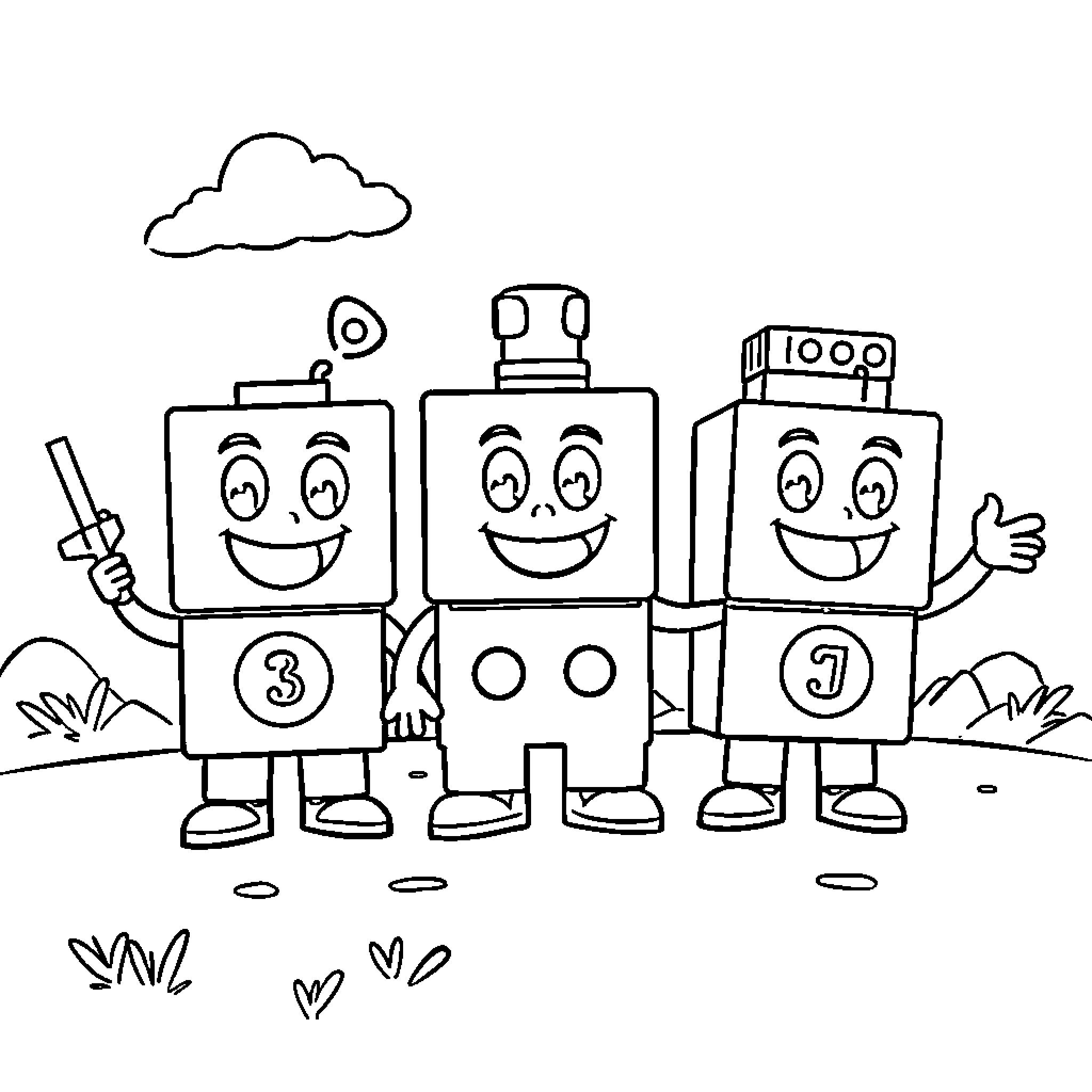 Numberblocks characters in a happy outdoor scene Coloring Page (free black-and-white line drawing printable PDF for all, from beginners to advanced learners, including children, teens, adults, and seniors)