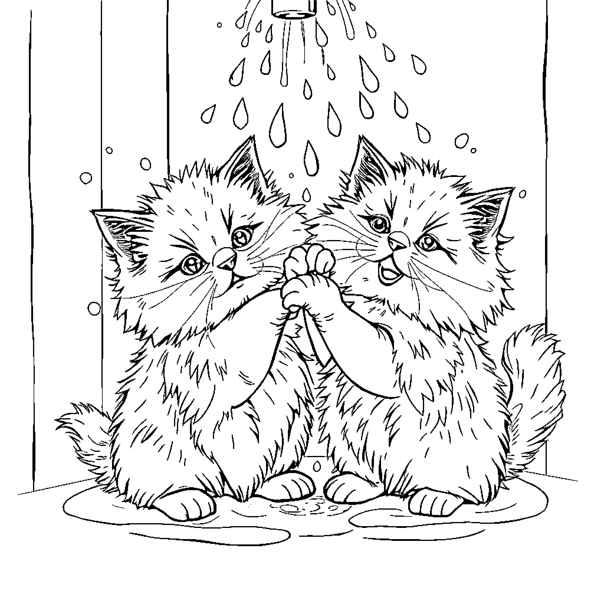 Cats playing under the rain Coloring Page (free black-and-white line drawing printable PDF for all, from beginners to advanced learners, including children, teens, adults, and seniors)