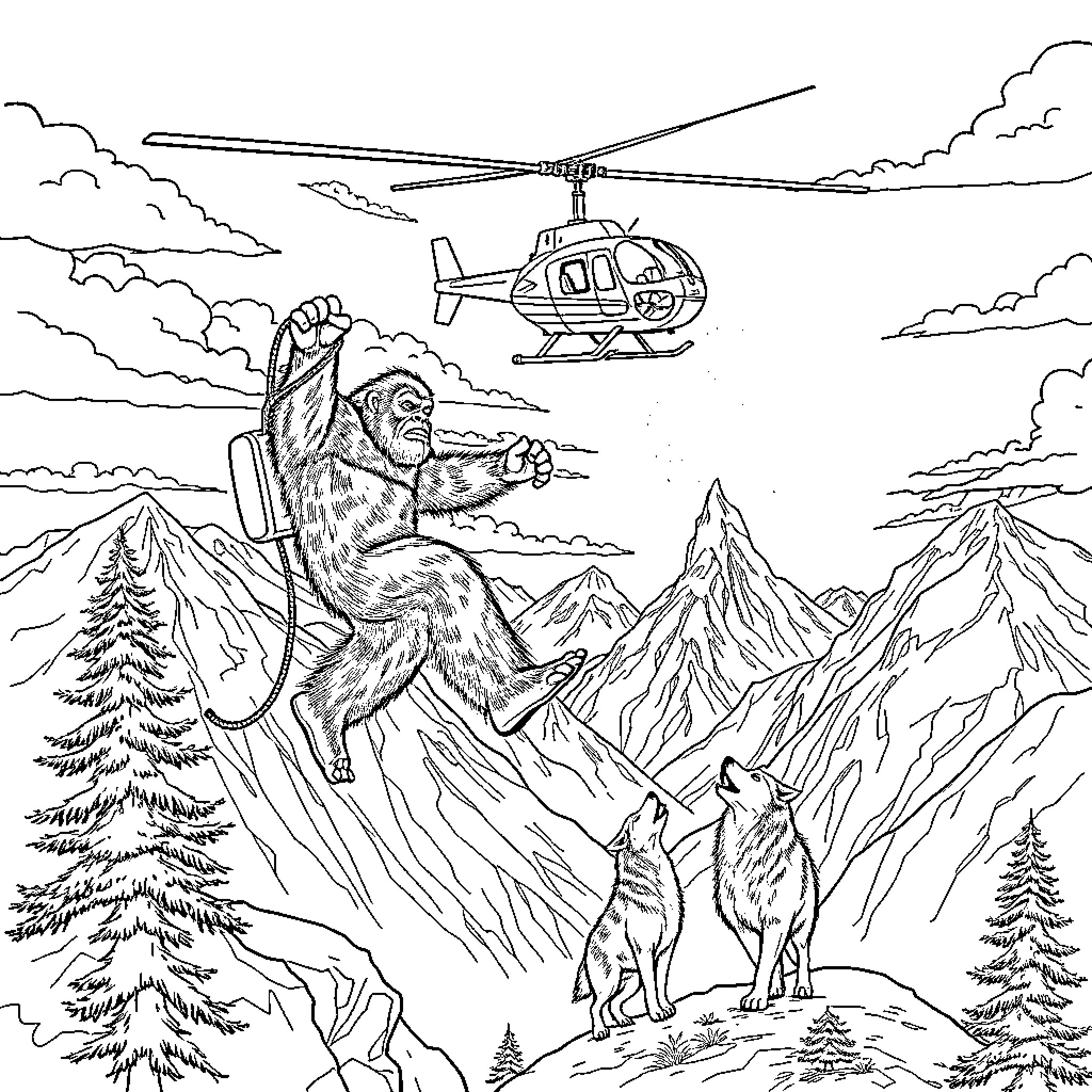 Bigfoot observing helicopter and wolves in the snowy mountains Coloring Page (free black-and-white line drawing printable PDF for all, from beginners to advanced learners, including children, teens, adults, and seniors)