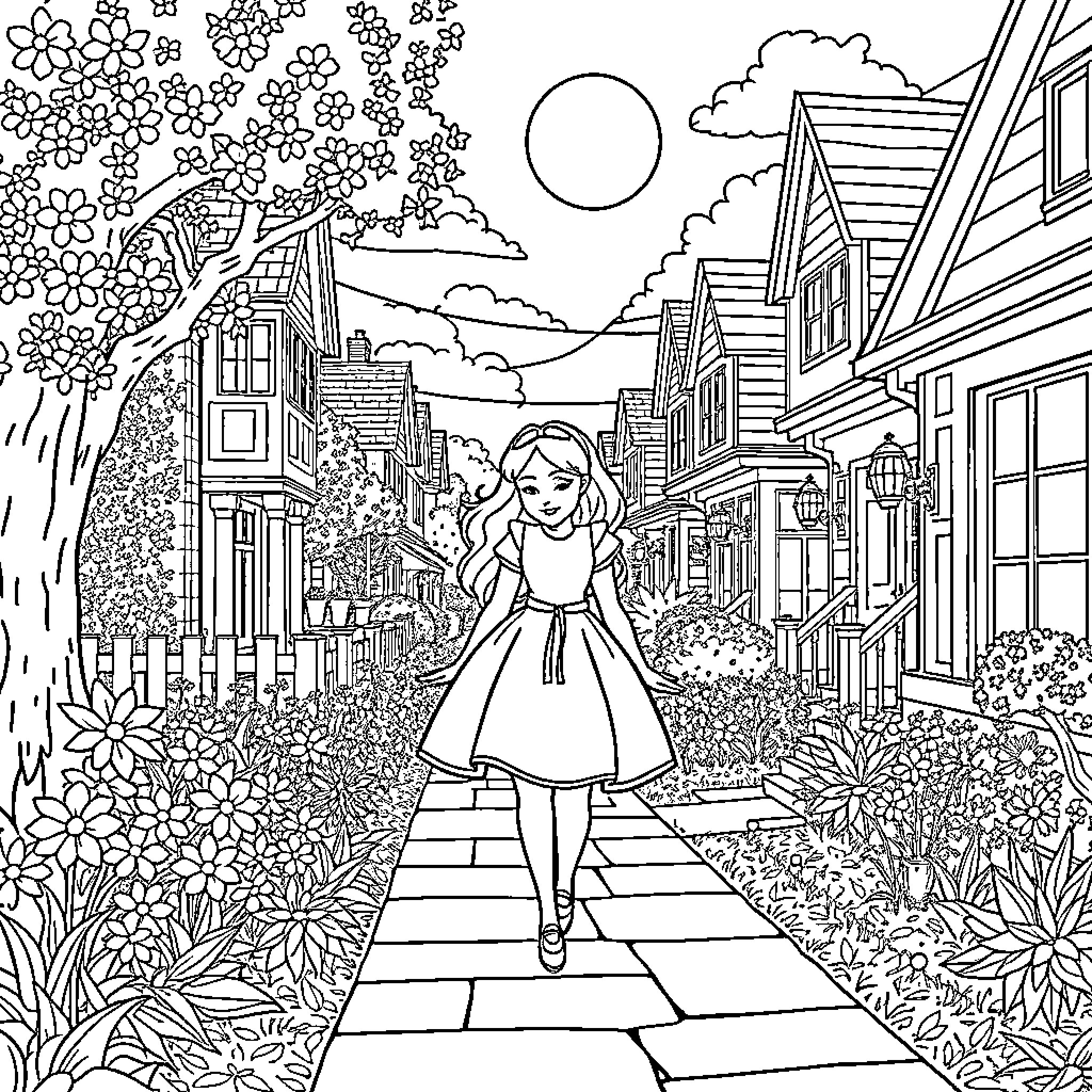 Alice's Tranquil Stroll Through the Quaint Village Coloring Page (free black-and-white line drawing printable PDF for all, from beginners to advanced learners, including children, teens, adults, and seniors)