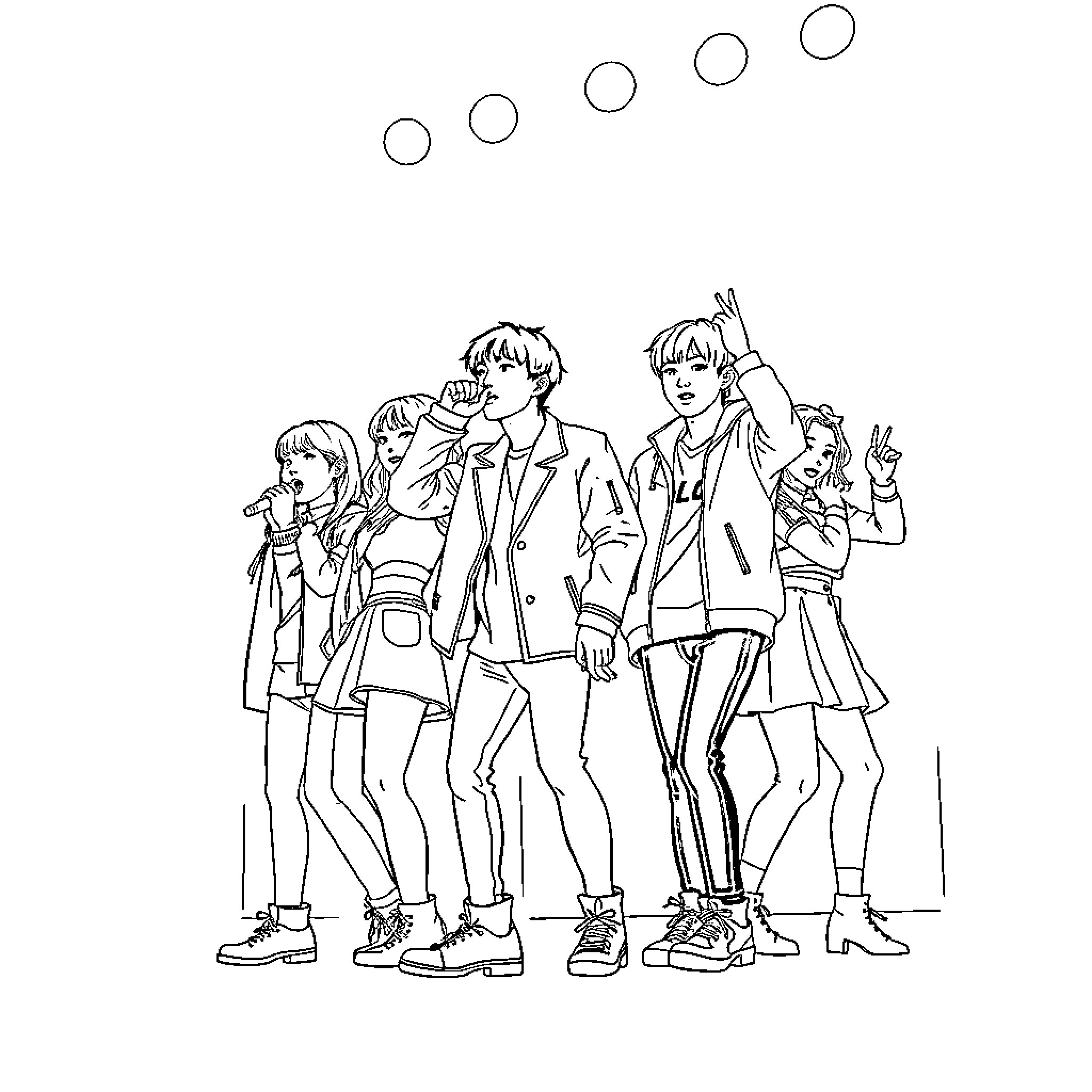 Rumi and friends in casual outfits posing together Coloring Page (free black-and-white line drawing printable PDF for all, from beginners to advanced learners, including children, teens, adults, and seniors)