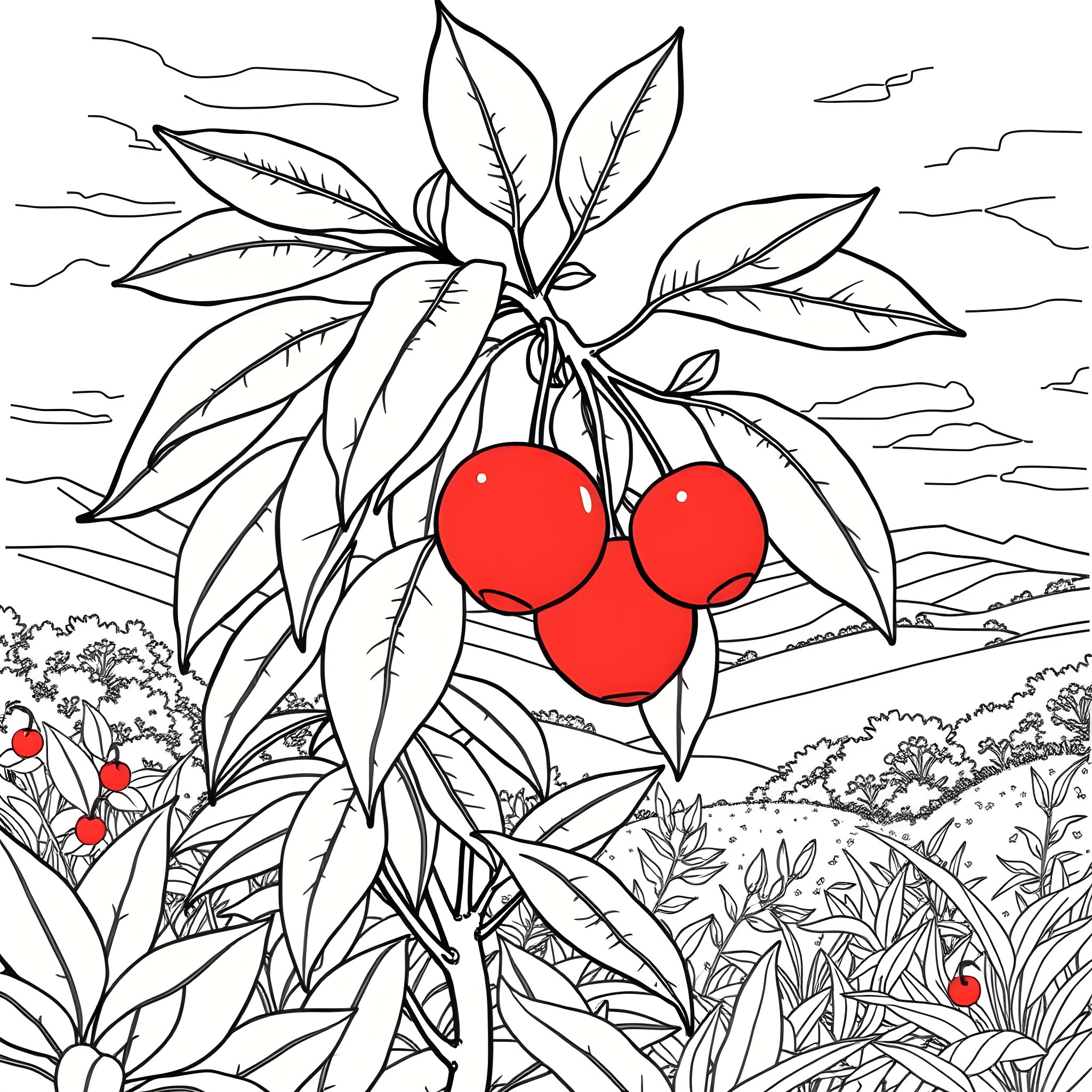 Cherry Orange Delightful Foliage and Fruits Coloring Page (free black-and-white line drawing printable PDF for all, from beginners to advanced learners, including children, teens, adults, and seniors)