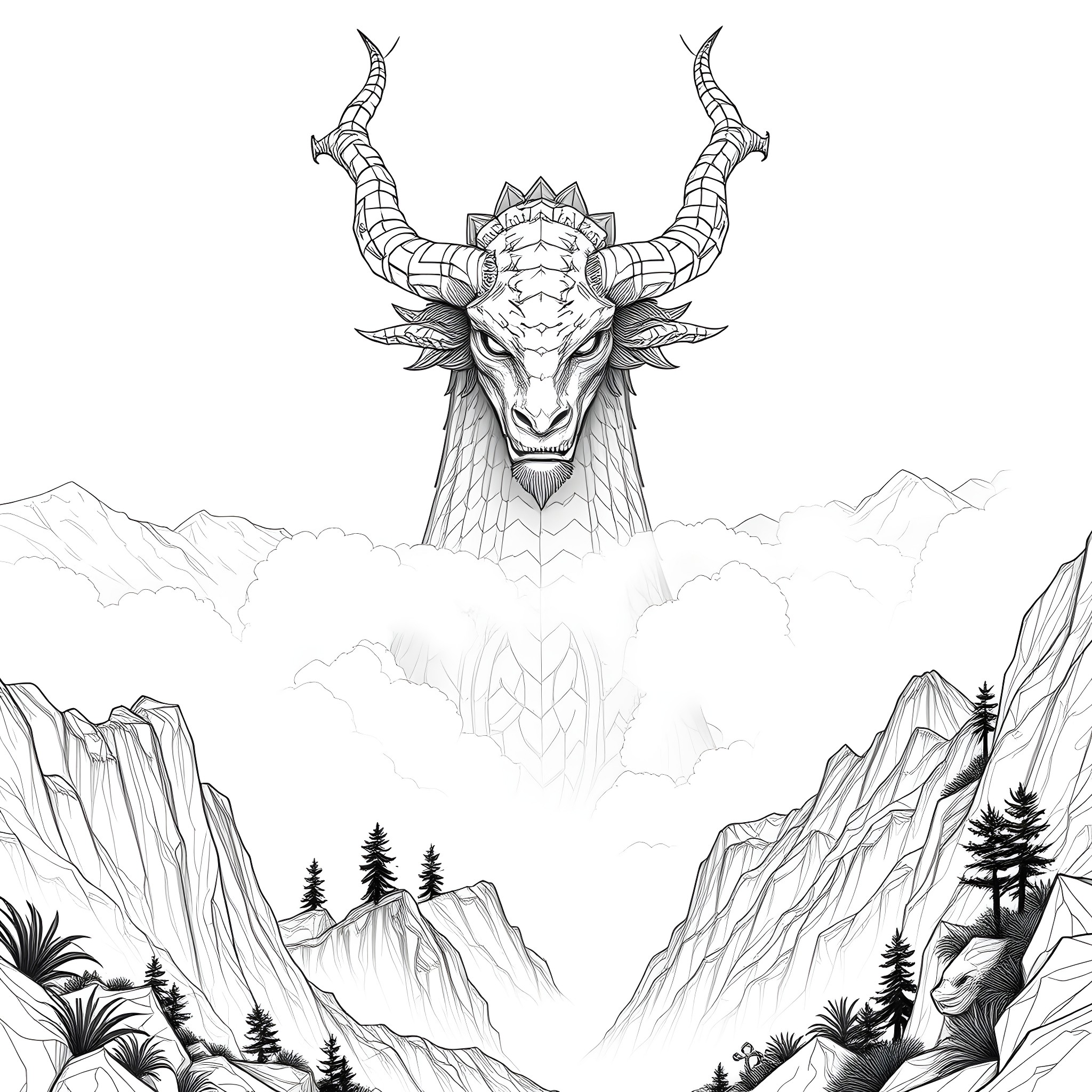 Uktena, the Majestic Horned Creature in the Mountainous Landscape Coloring Page (free black-and-white line drawing printable PDF for all, from beginners to advanced learners, including children, teens, adults, and seniors)