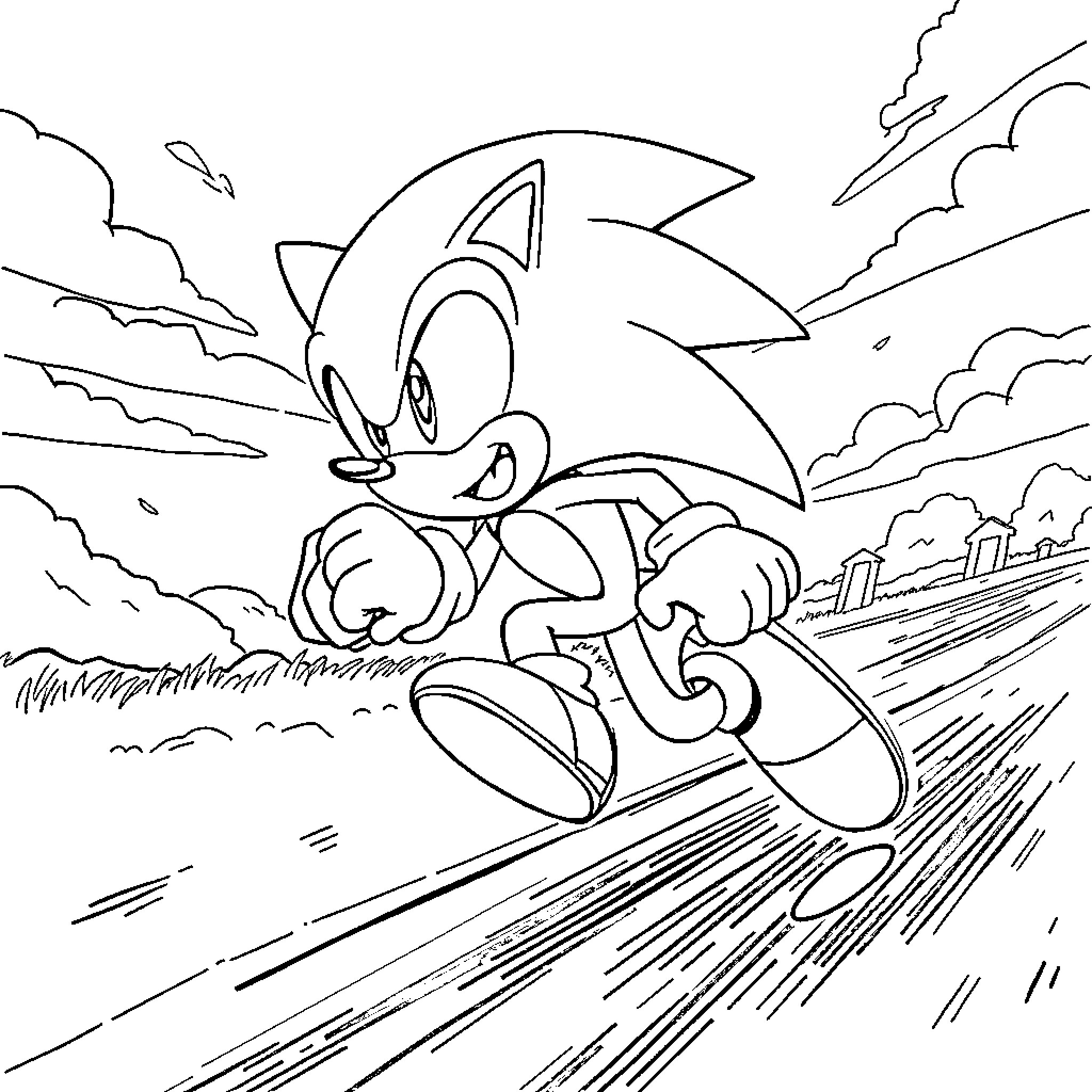 Sonic running fast across a wide landscape Coloring Page (free black-and-white line drawing printable PDF for all, from beginners to advanced learners, including children, teens, adults, and seniors)