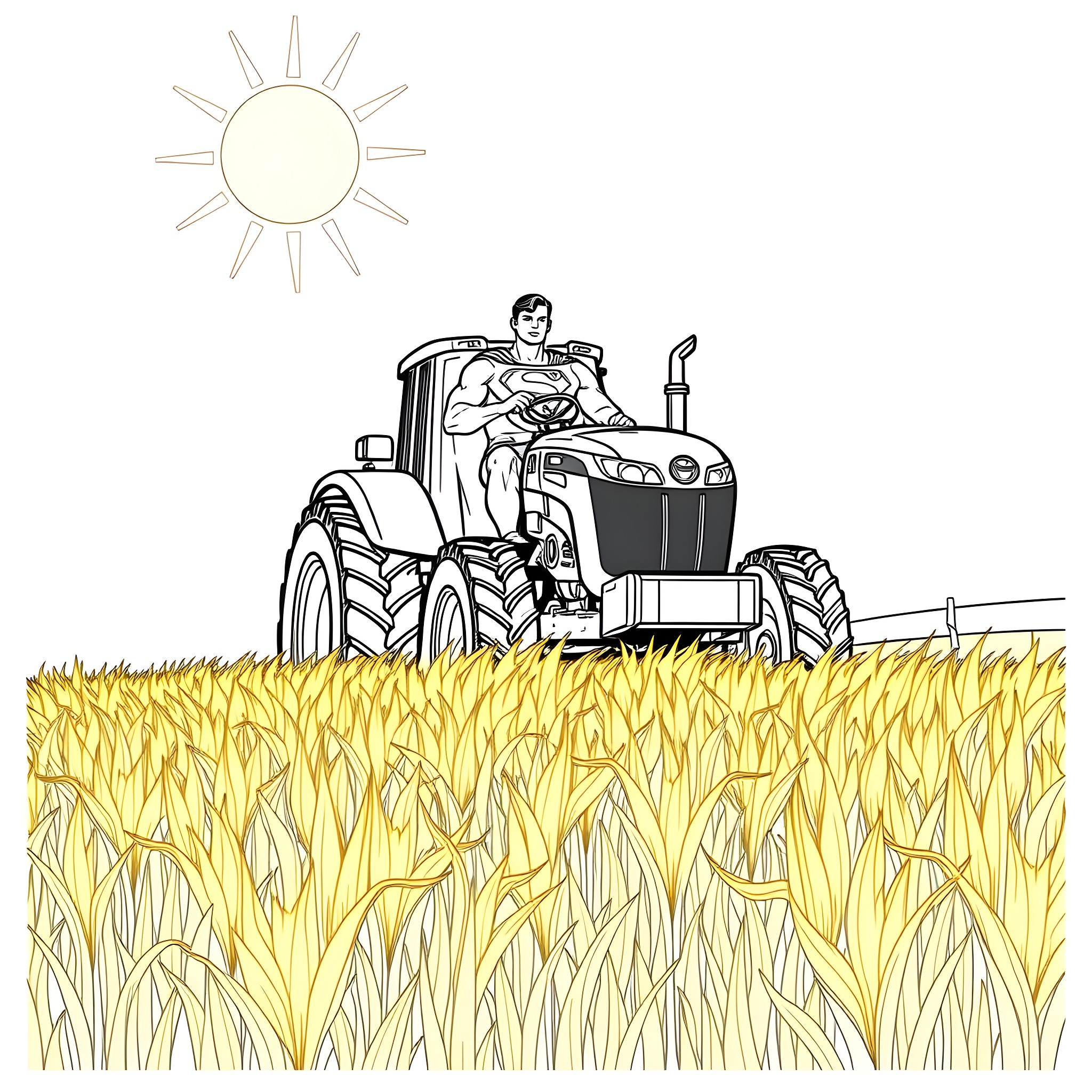 Superman driving a tractor in a wheat field Coloring Page (free black-and-white line drawing printable PDF for all, from beginners to advanced learners, including children, teens, adults, and seniors)
