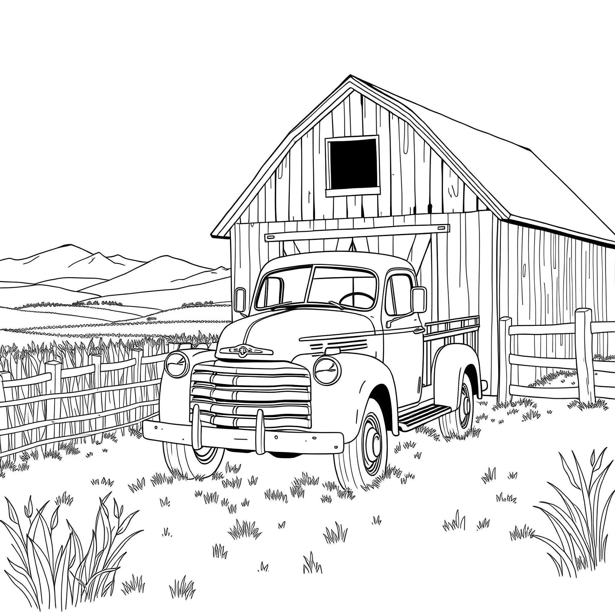 Truck parked in front of rustic barn Coloring Page (free black-and-white line drawing printable PDF for all, from beginners to advanced learners, including children, teens, adults, and seniors)