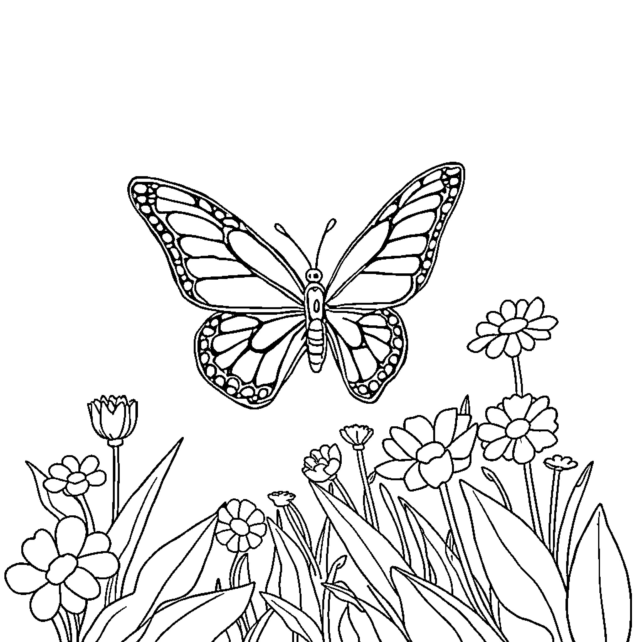 Butterfly hovering over vibrant floral garden Coloring Page (free black-and-white line drawing printable PDF for all, from beginners to advanced learners, including children, teens, adults, and seniors)