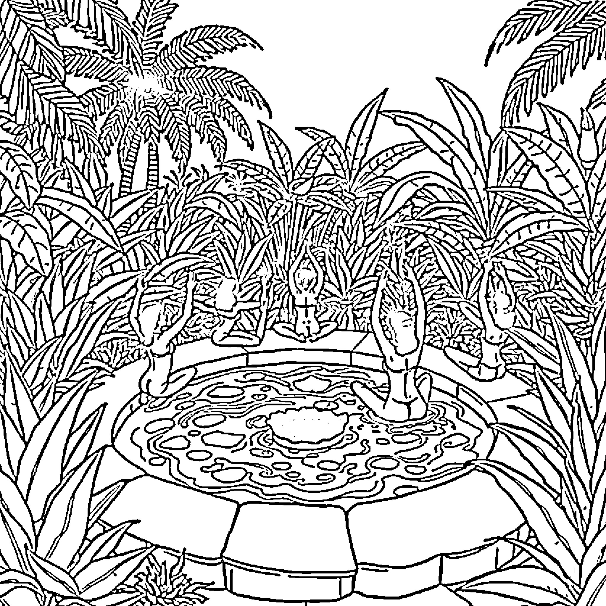 Yoga Poses in a Tropical Garden Coloring Page (free black-and-white line drawing printable PDF for all, from beginners to advanced learners, including children, teens, adults, and seniors)