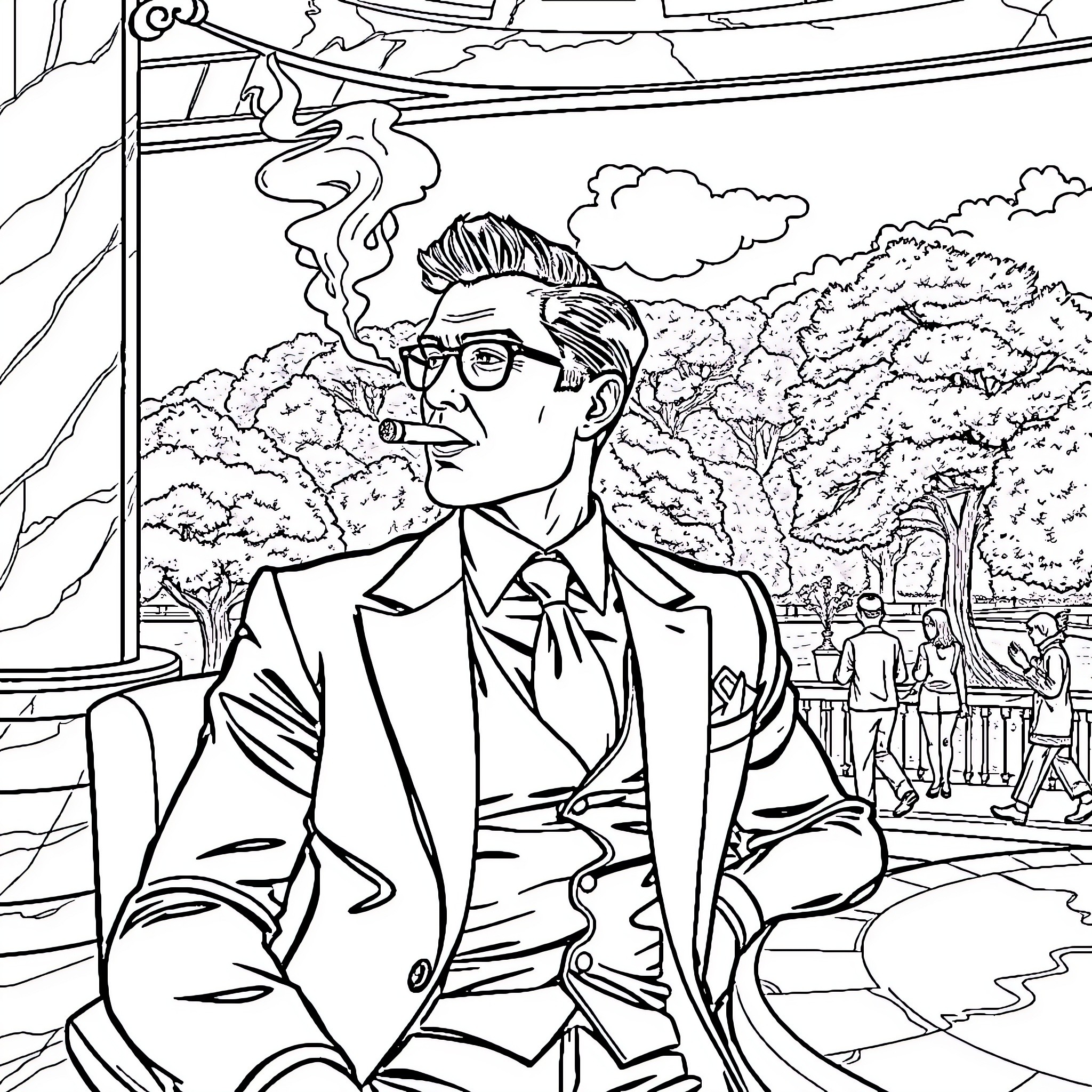 Man in suit smoking pipe in park landscape Coloring Page (free black-and-white line drawing printable PDF for all, from beginners to advanced learners, including children, teens, adults, and seniors)