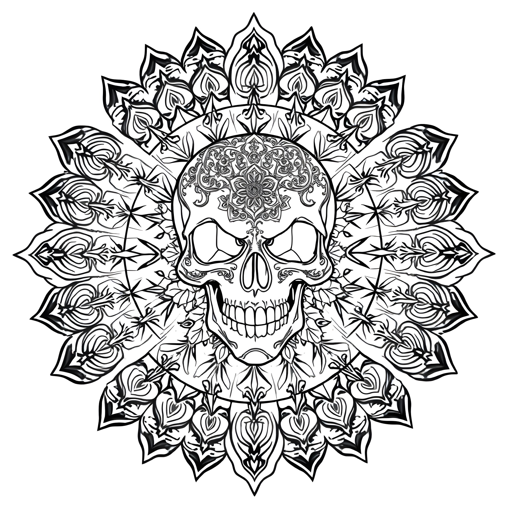 Mandala with ornate skull and floral patterns Coloring Page (free black-and-white line drawing printable PDF for all, from beginners to advanced learners, including children, teens, adults, and seniors)