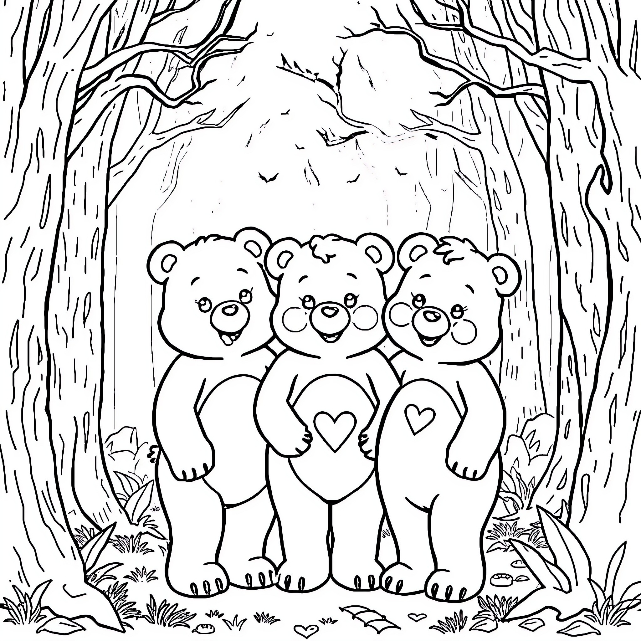 Carebear family enjoying nature's embrace Coloring Page (free black-and-white line drawing printable PDF for all, from beginners to advanced learners, including children, teens, adults, and seniors)