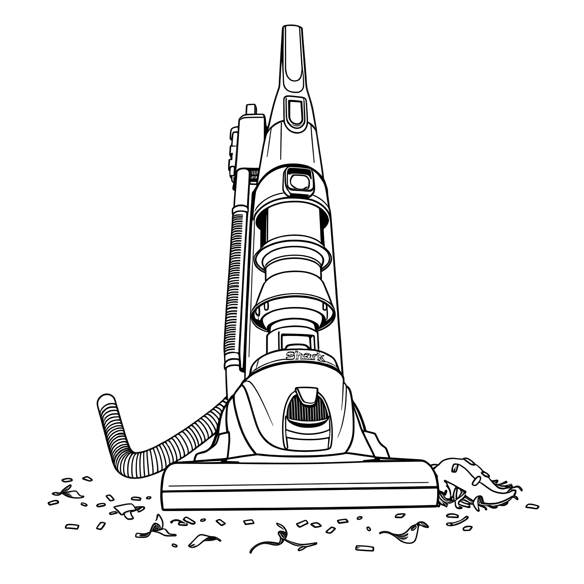 Shark Rocket Vacuum Cleaner in Action Coloring Page (free black-and-white line drawing printable PDF for all, from beginners to advanced learners, including children, teens, adults, and seniors)