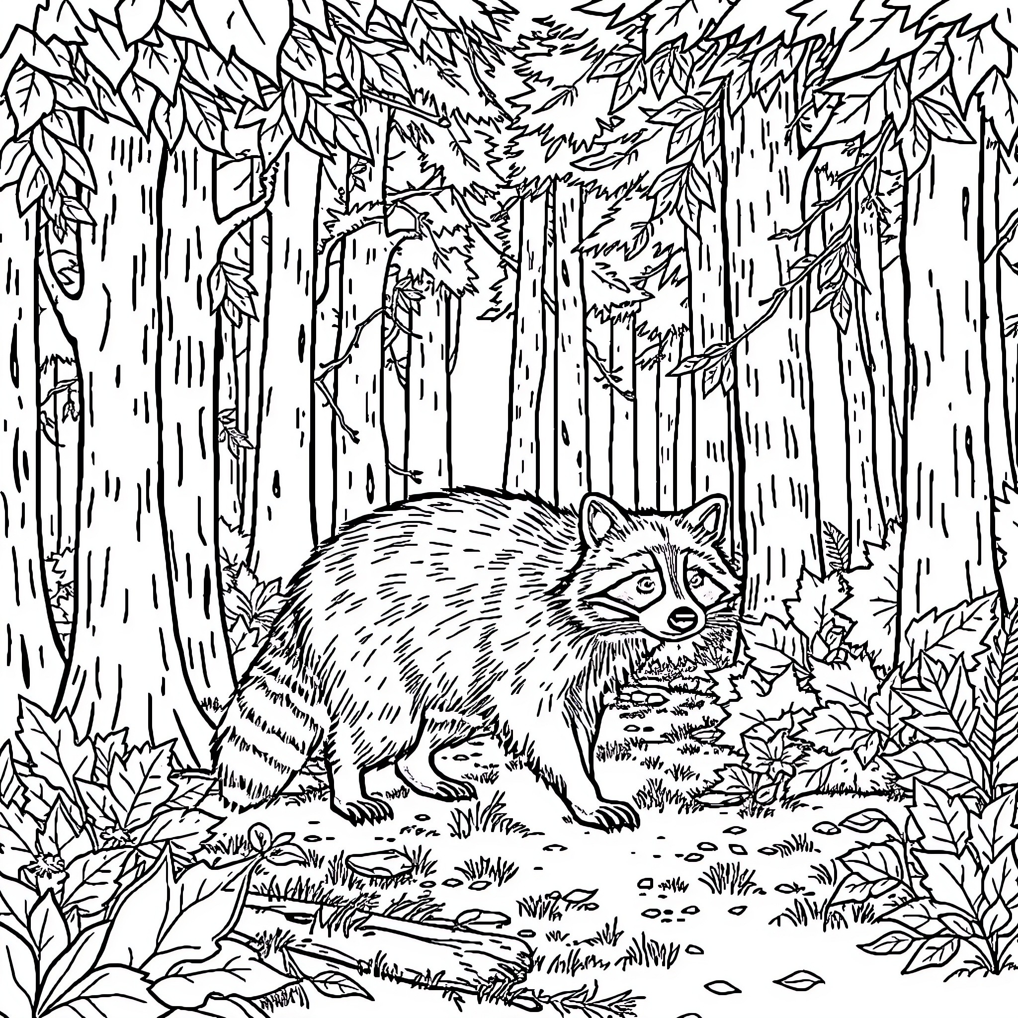 Raccoon exploring the dense forest Coloring Page (free black-and-white line drawing printable PDF for all, from beginners to advanced learners, including children, teens, adults, and seniors)