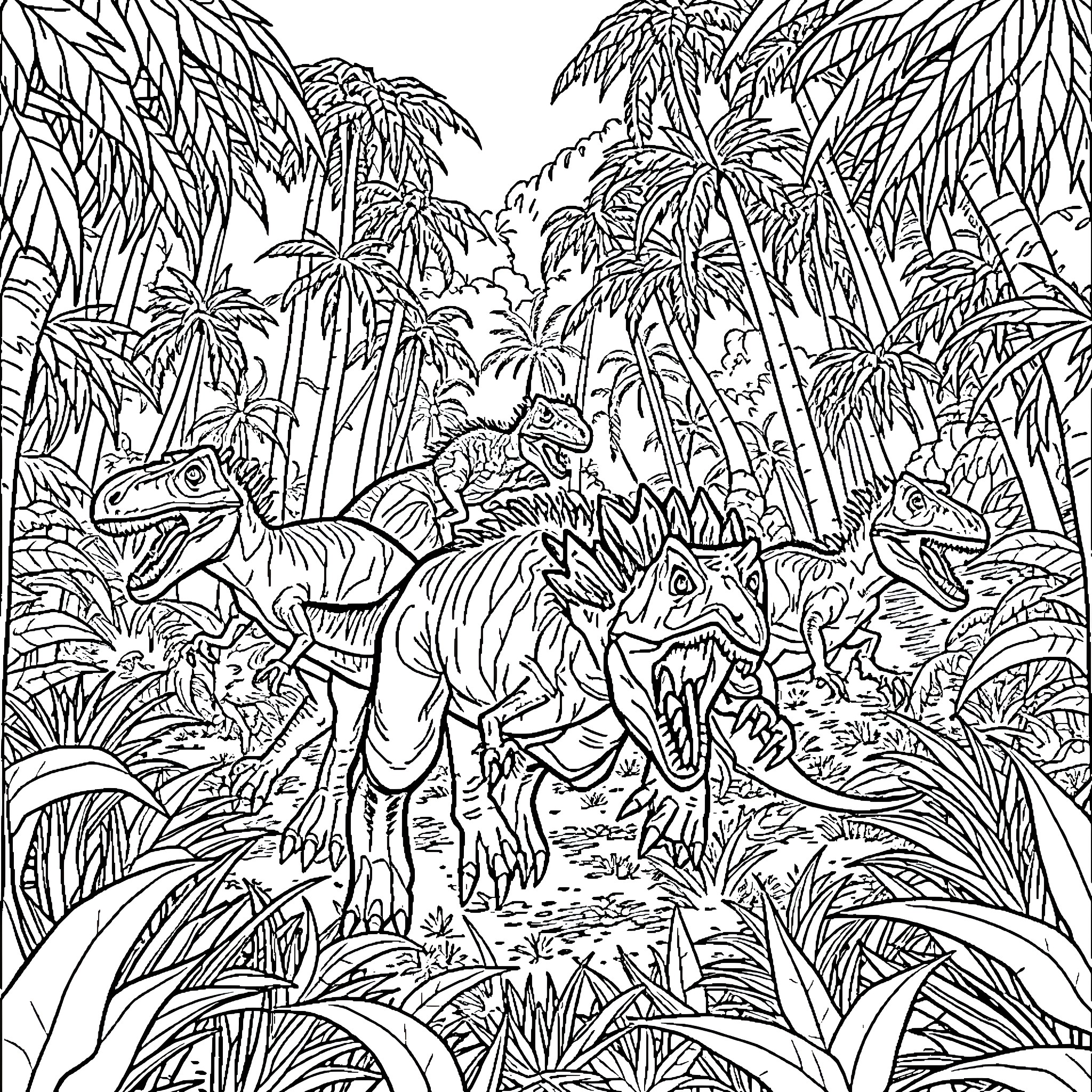 Velociraptor pack hunting in lush jungle landscape Coloring Page (free black-and-white line drawing printable PDF for all, from beginners to advanced learners, including children, teens, adults, and seniors)