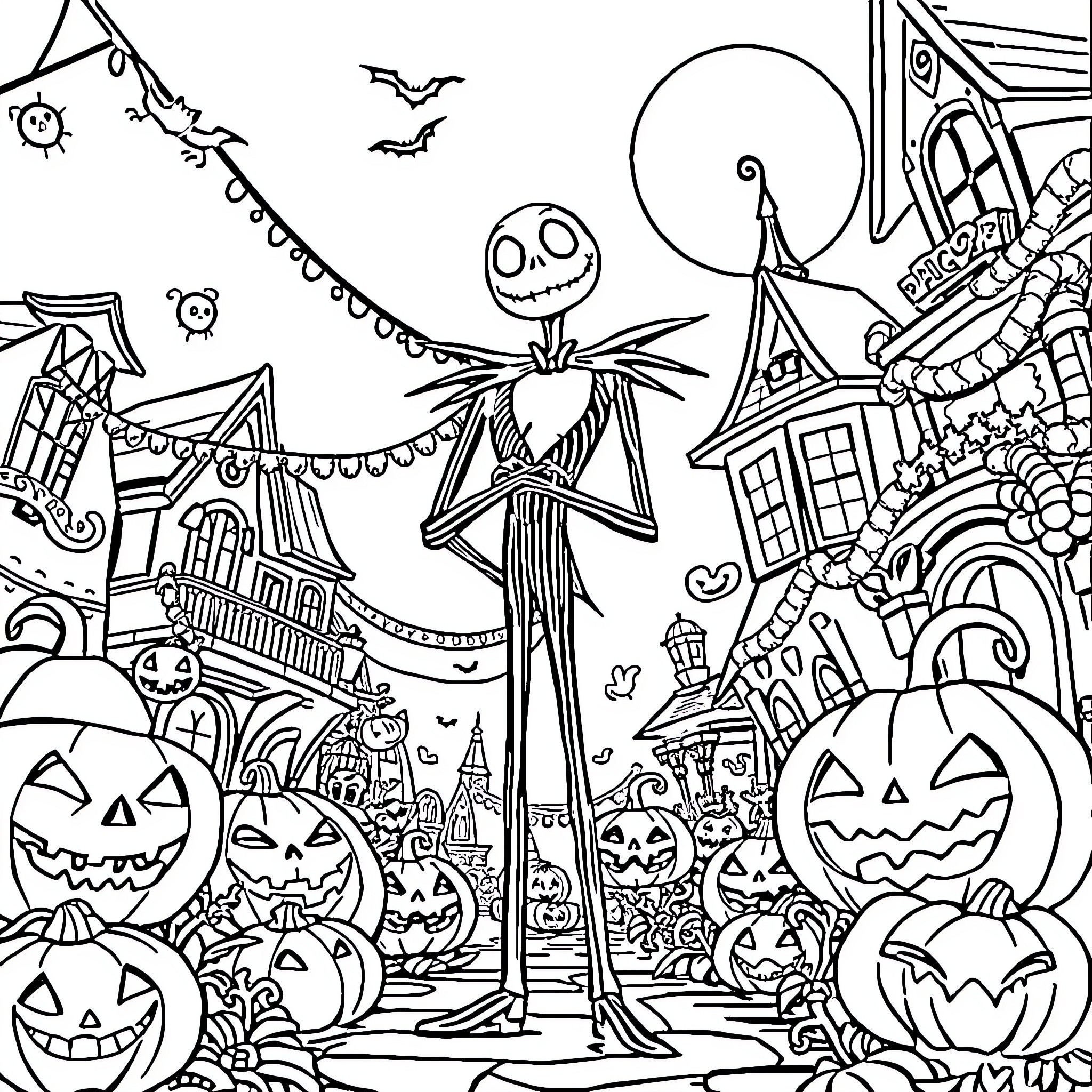 Jack Skeleton in a Halloween scene with spooky decorations Coloring Page (free black-and-white line drawing printable PDF for all, from beginners to advanced learners, including children, teens, adults, and seniors)