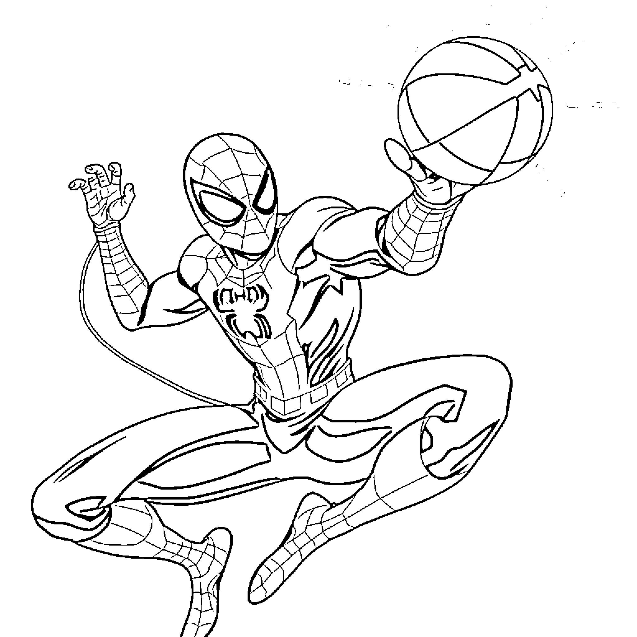 Spiderman jumping to catch the basketball Coloring Page (free black-and-white line drawing printable PDF for all, from beginners to advanced learners, including children, teens, adults, and seniors)