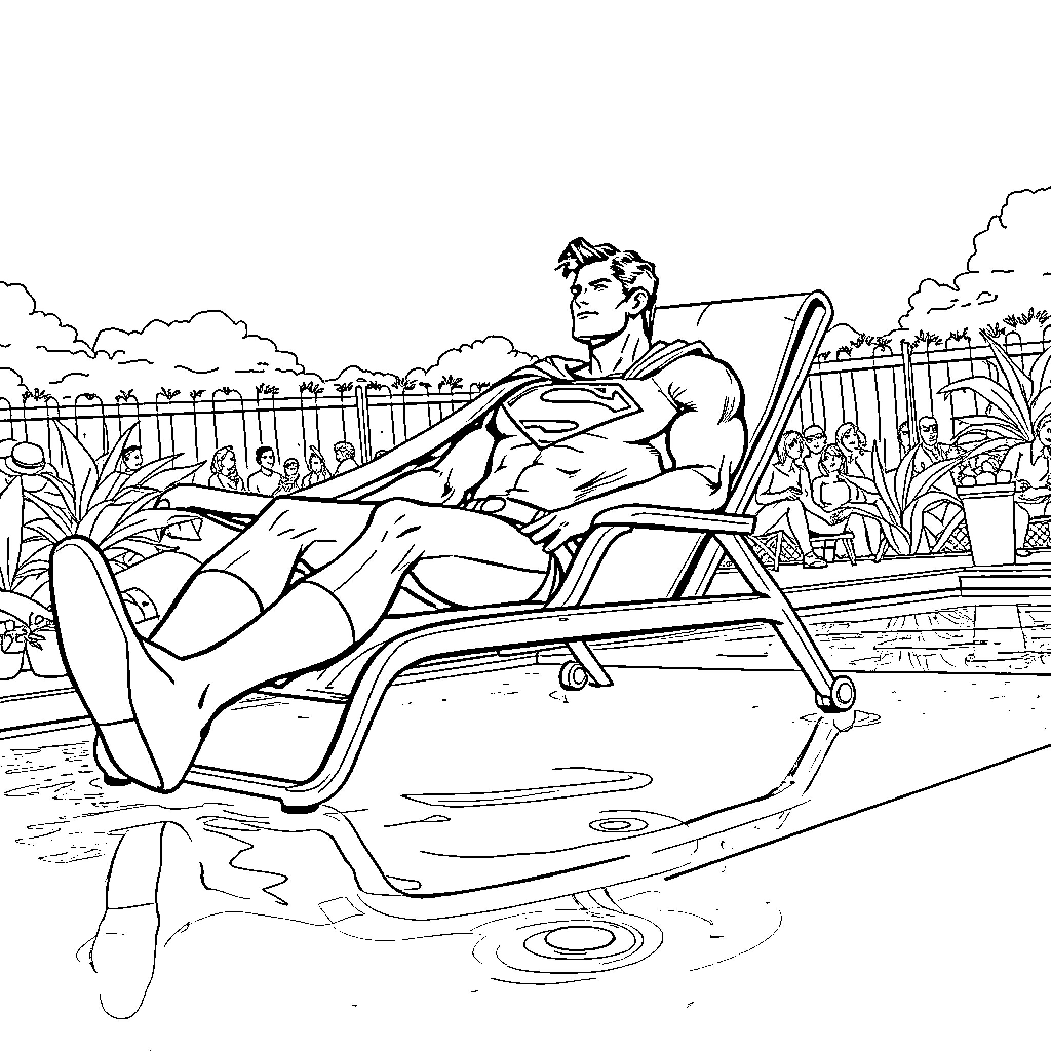 Superman relaxing at the pool with a crowd Coloring Page (free black-and-white line drawing printable PDF for all, from beginners to advanced learners, including children, teens, adults, and seniors)