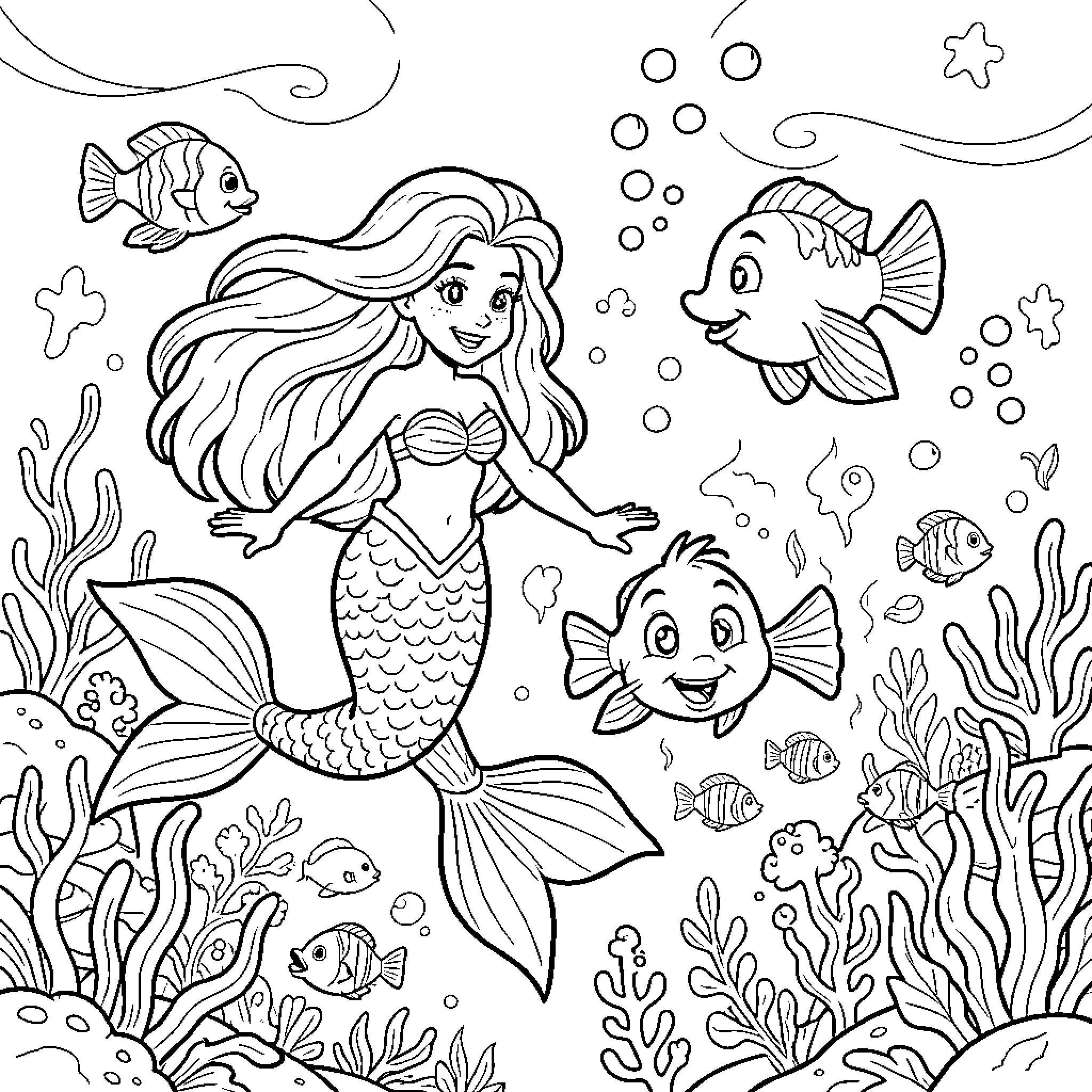 Ariel the Mermaid Exploring the Underwater World Coloring Page (free black-and-white line drawing printable PDF for all, from beginners to advanced learners, including children, teens, adults, and seniors)