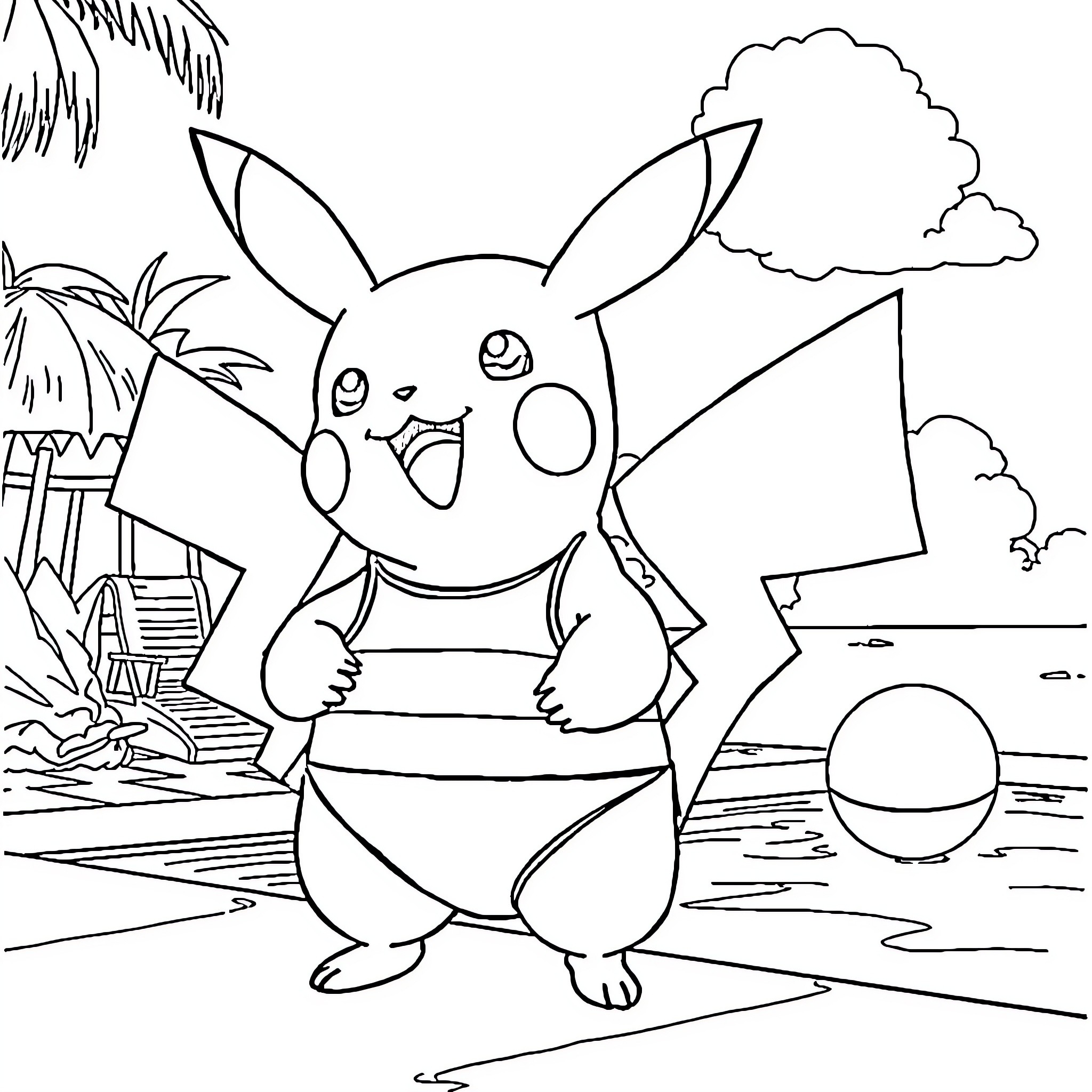 Pikachu cheerfully explores a scenic landscape Coloring Page (free black-and-white line drawing printable PDF for all, from beginners to advanced learners, including children, teens, adults, and seniors)