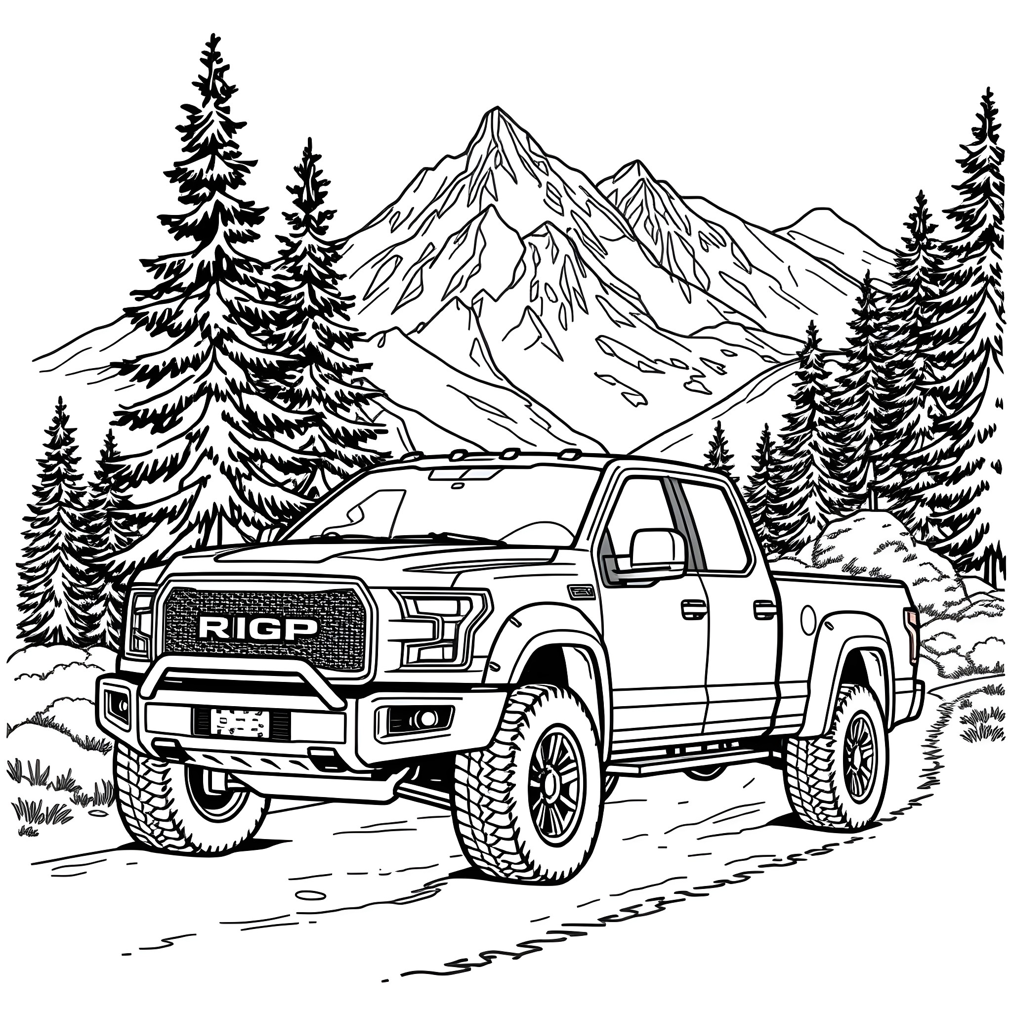 Pickup truck driving through the mountains Coloring Page (free black-and-white line drawing printable PDF for all, from beginners to advanced learners, including children, teens, adults, and seniors)