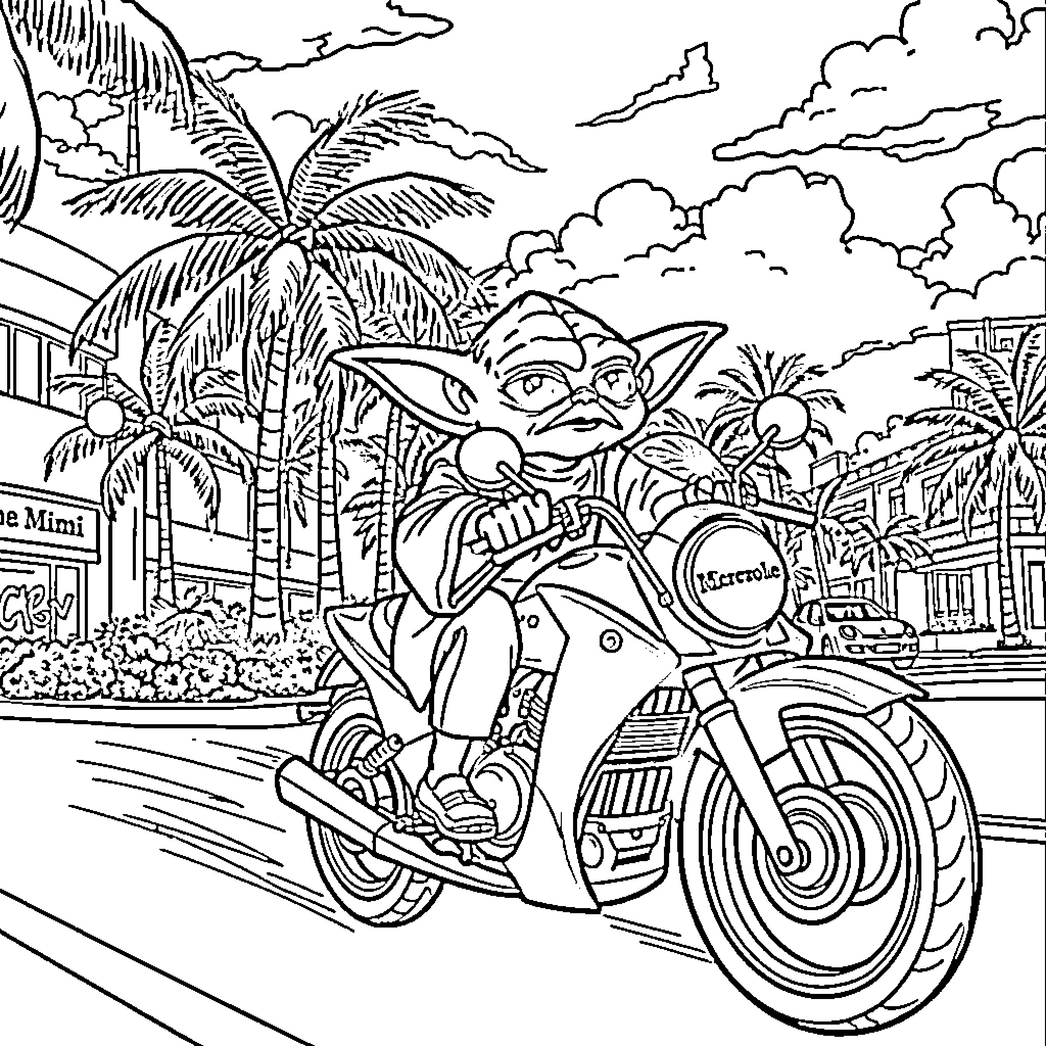Yoda riding a motorcycle in a tropical city Coloring Page (free black-and-white line drawing printable PDF for all, from beginners to advanced learners, including children, teens, adults, and seniors)