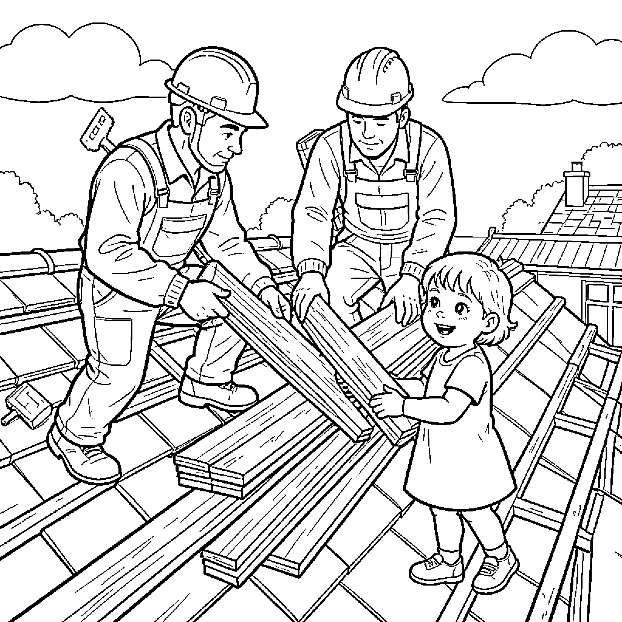Carpenters working on a roof with a young child Coloring Page (free black-and-white line drawing printable PDF for all, from beginners to advanced learners, including children, teens, adults, and seniors)