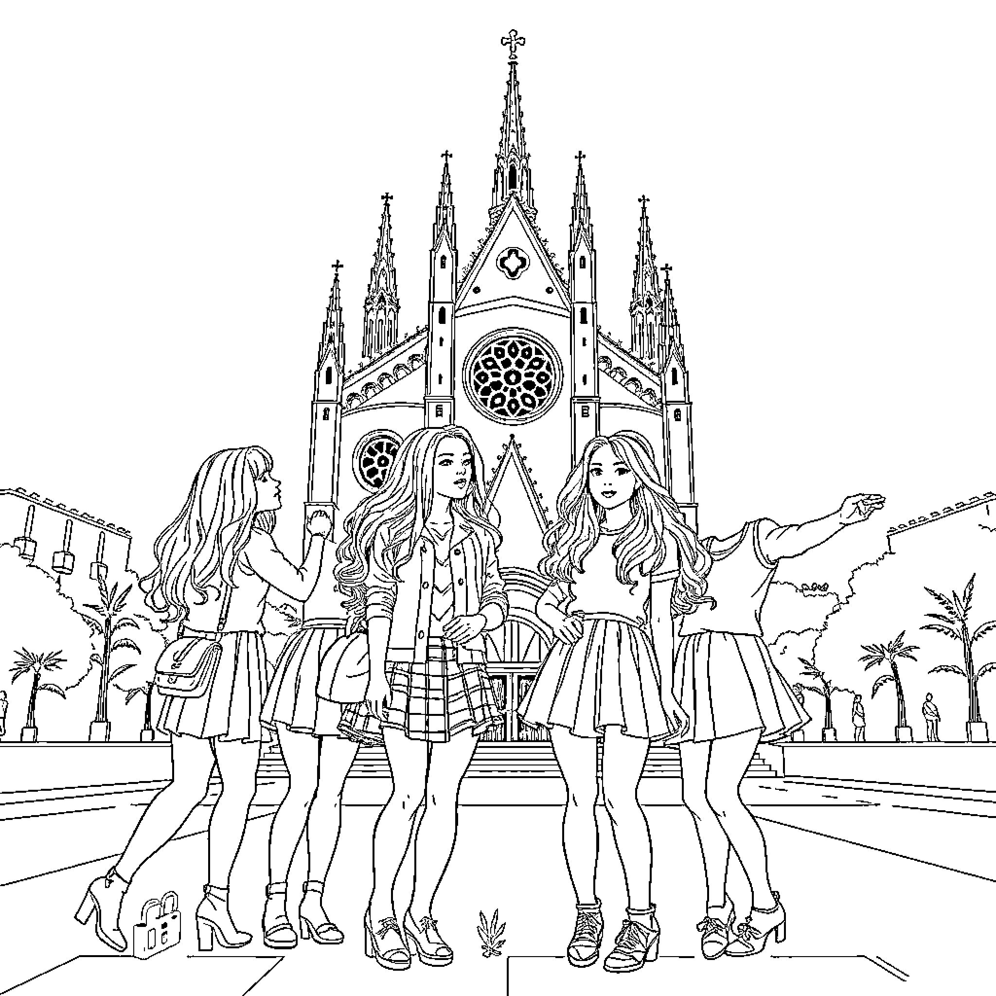 Rumi's Friends Admiring a Magnificent Cathedral Coloring Page (free black-and-white line drawing printable PDF for all, from beginners to advanced learners, including children, teens, adults, and seniors)