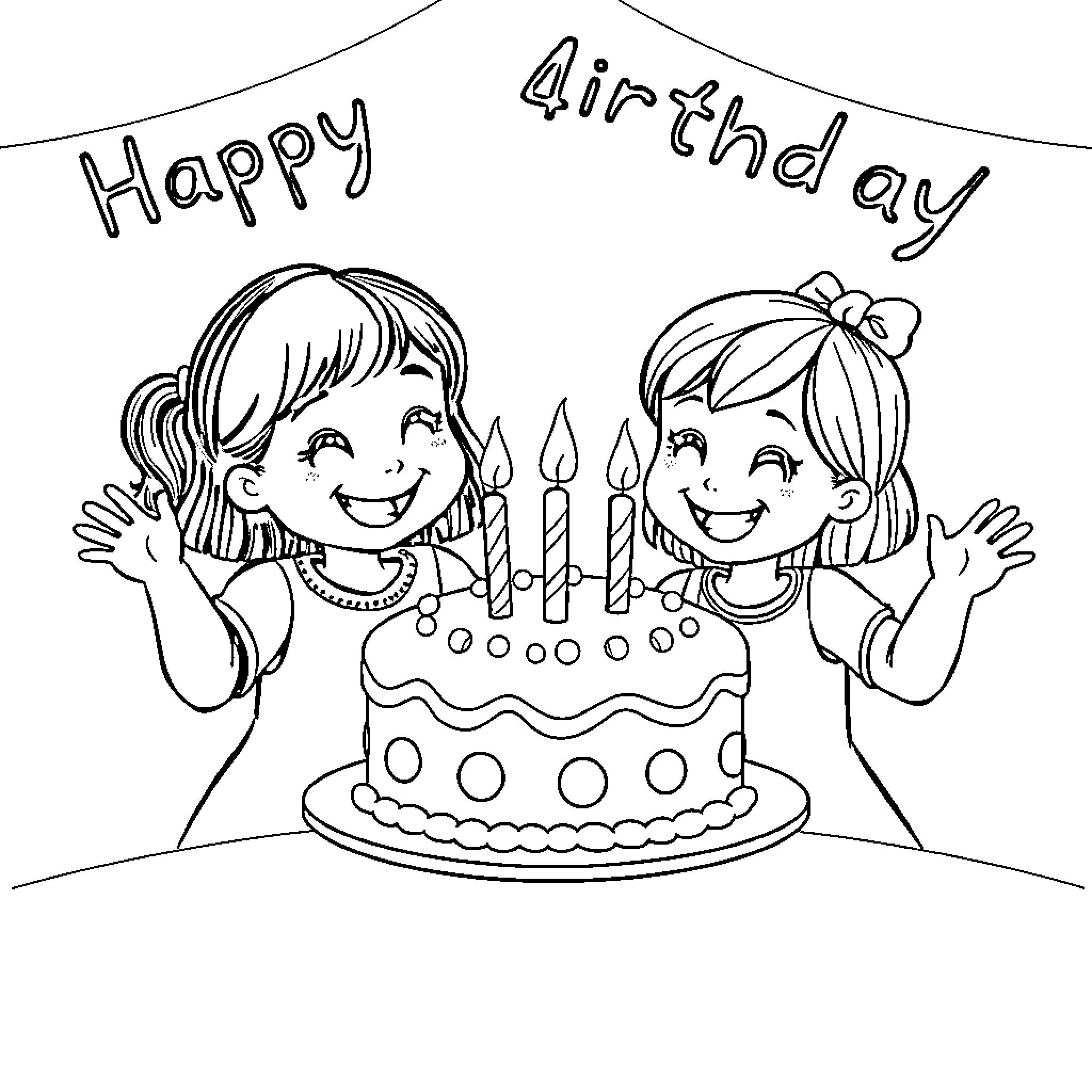 Birthday Celebration with Joyful Children Coloring Page (free black-and-white line drawing printable PDF for all, from beginners to advanced learners, including children, teens, adults, and seniors)