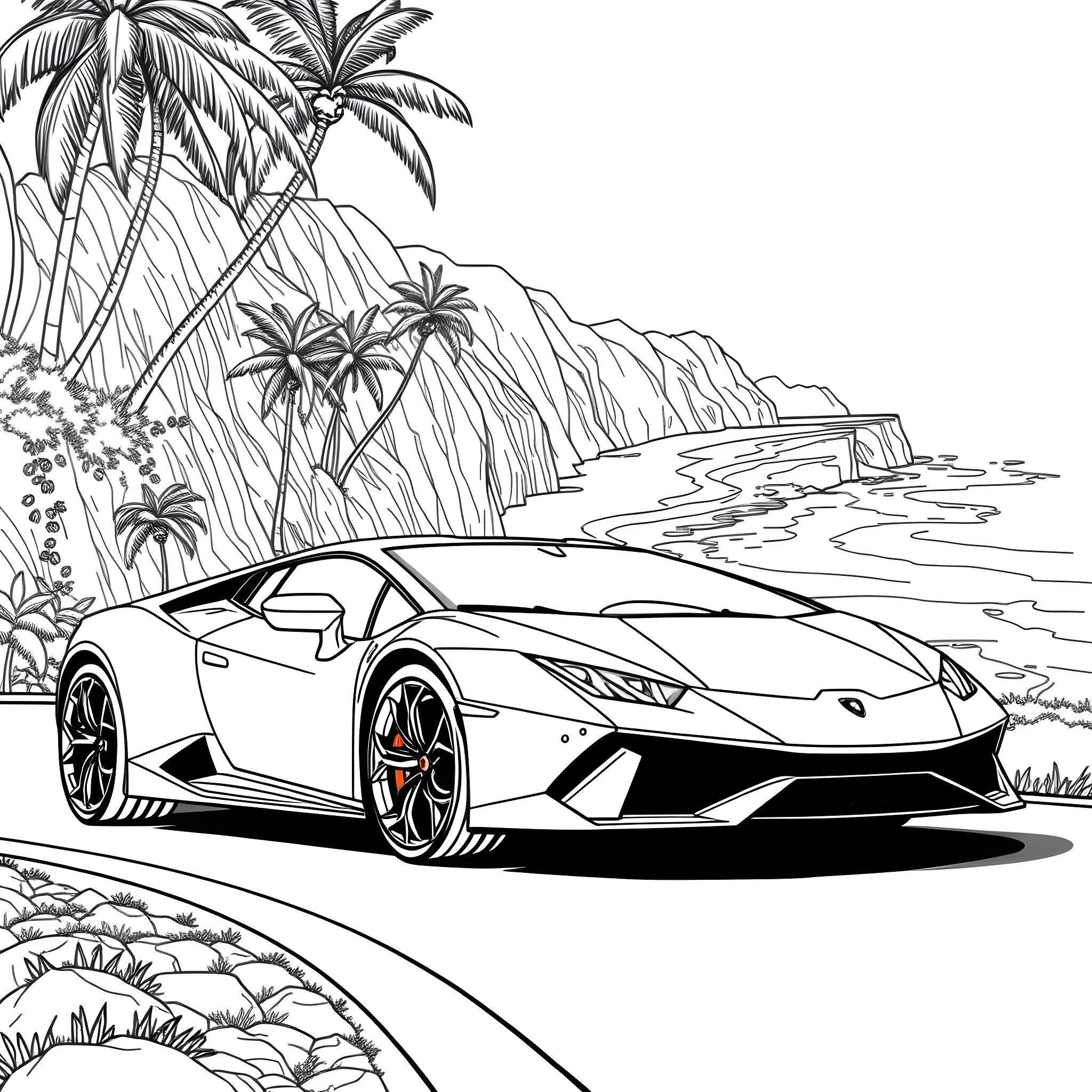 Lamborghini sports car on a tropical beach Coloring Page (free black-and-white line drawing printable PDF for all, from beginners to advanced learners, including children, teens, adults, and seniors)