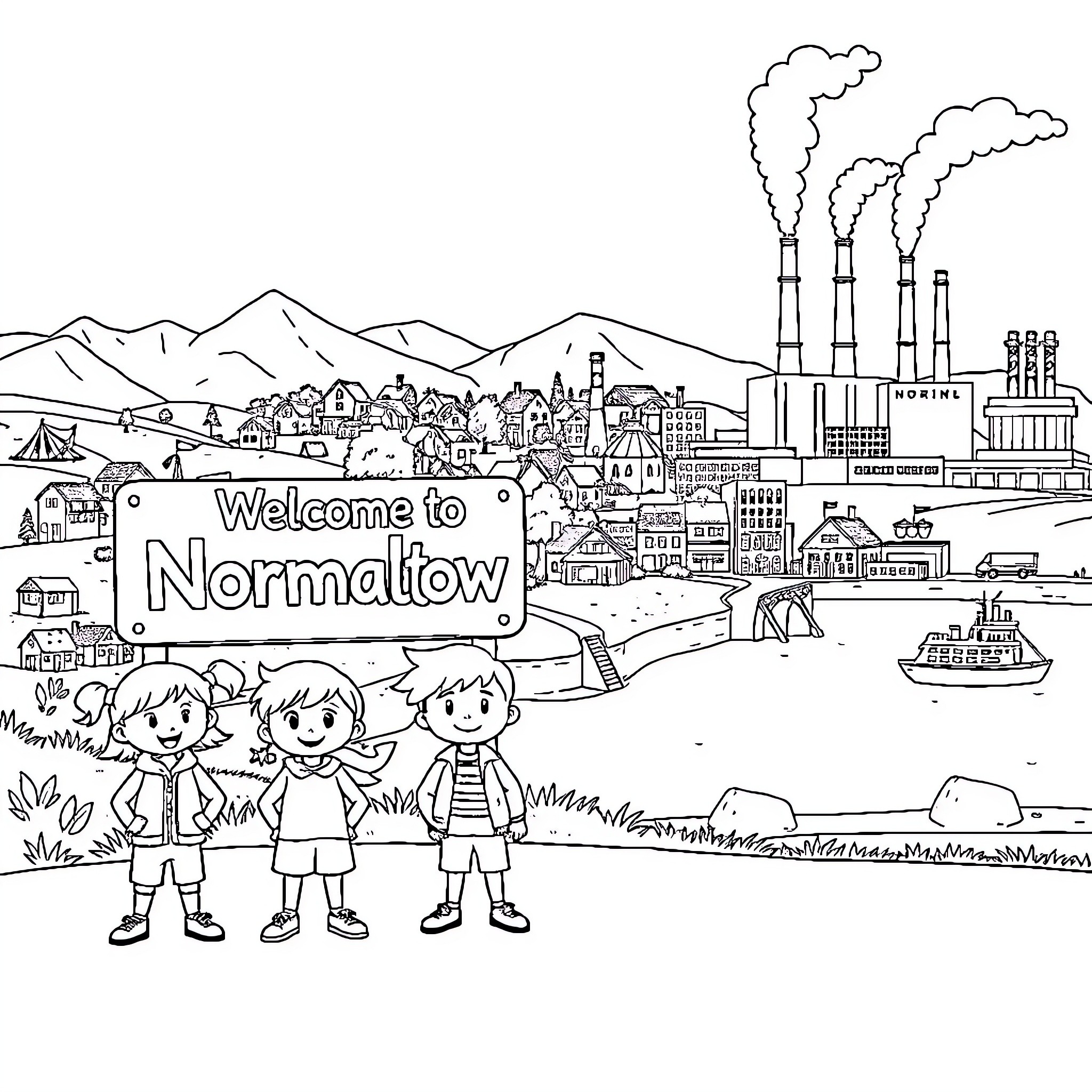 Kids exploring the industrial landscape of Normaltown Coloring Page (free black-and-white line drawing printable PDF for all, from beginners to advanced learners, including children, teens, adults, and seniors)