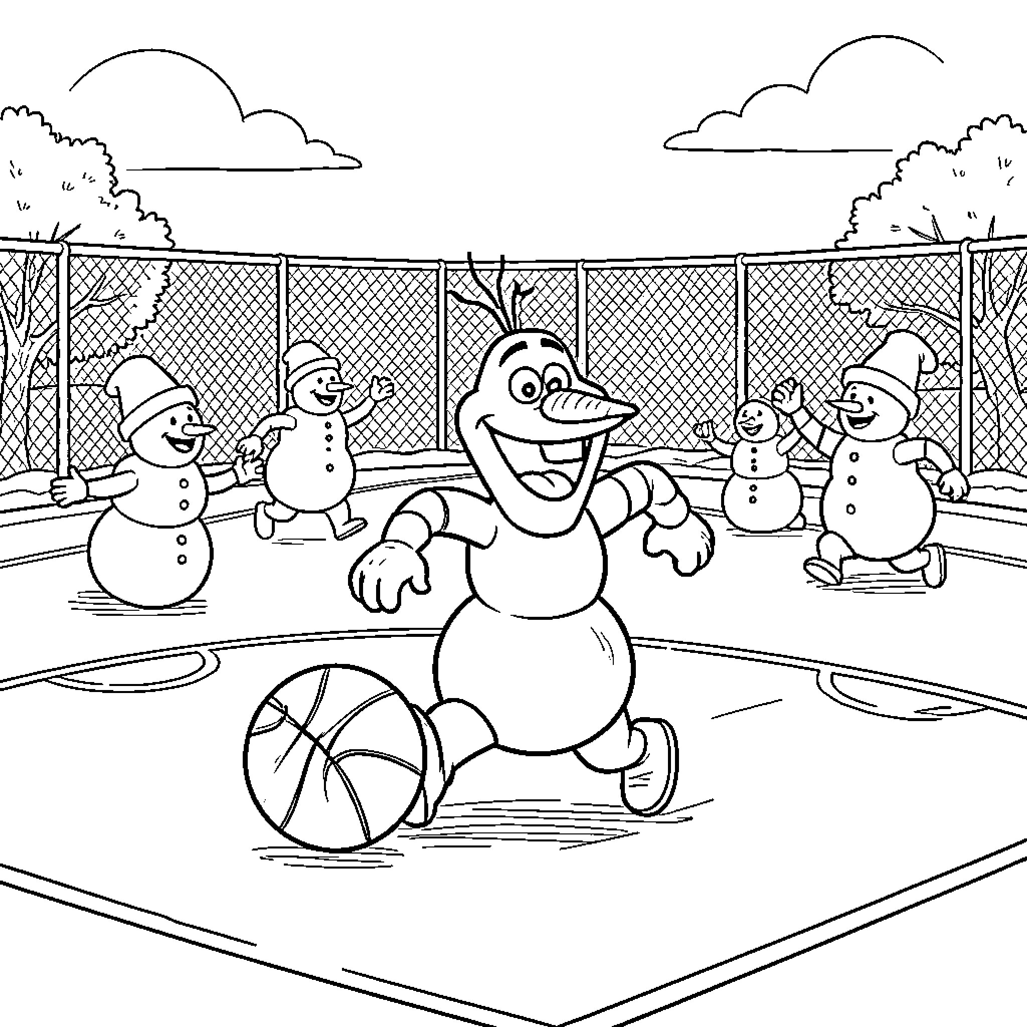 Olaf playing basketball with his snowman friends Coloring Page (free black-and-white line drawing printable PDF for all, from beginners to advanced learners, including children, teens, adults, and seniors)