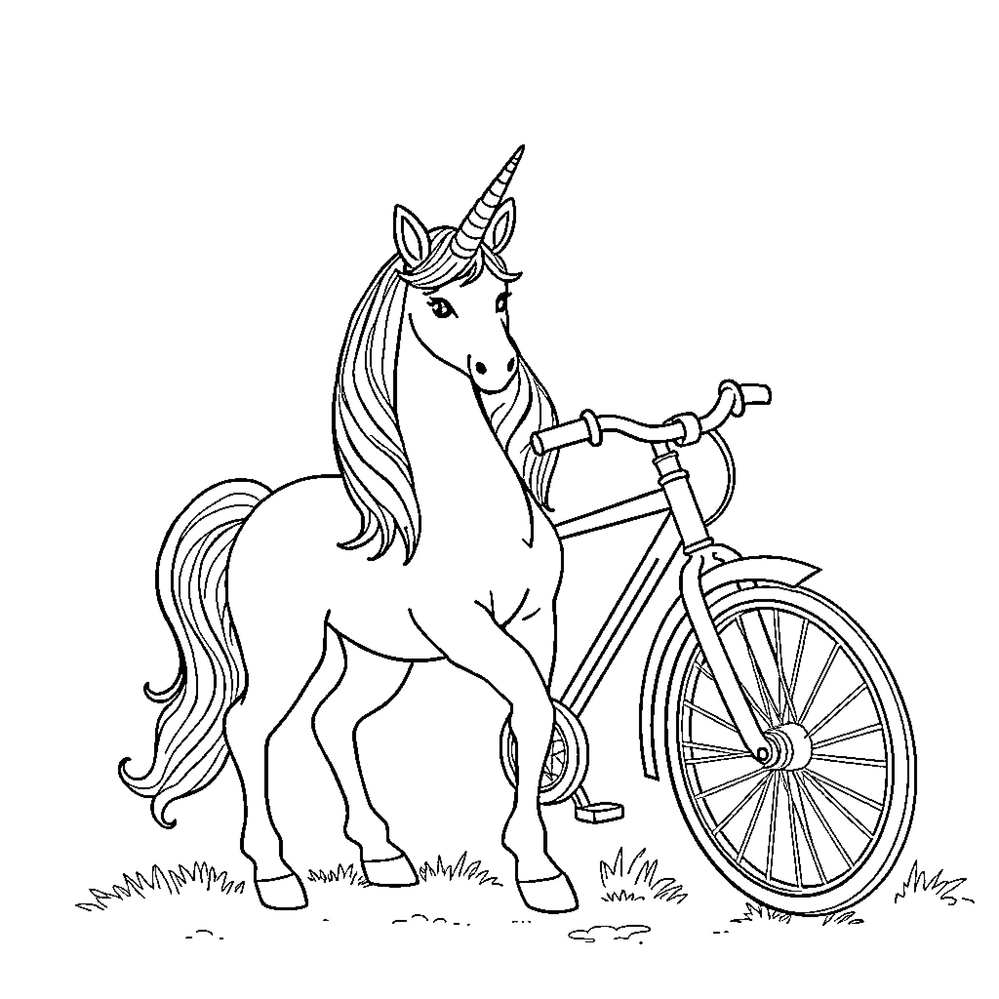 Unicorn riding a bicycle in a field Coloring Page (free black-and-white line drawing printable PDF for all, from beginners to advanced learners, including children, teens, adults, and seniors)