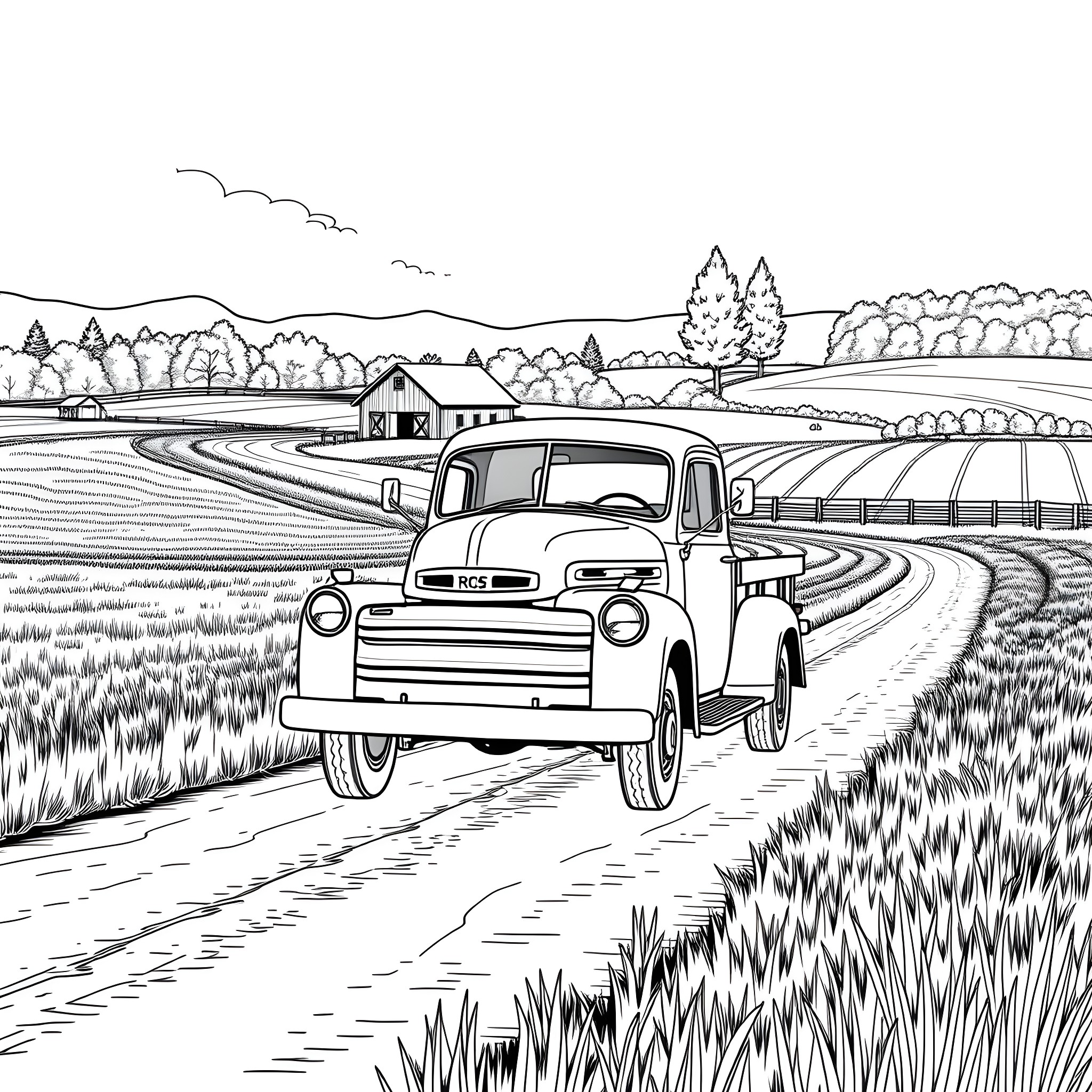 Truck driving along rural countryside road Coloring Page (free black-and-white line drawing printable PDF for all, from beginners to advanced learners, including children, teens, adults, and seniors)