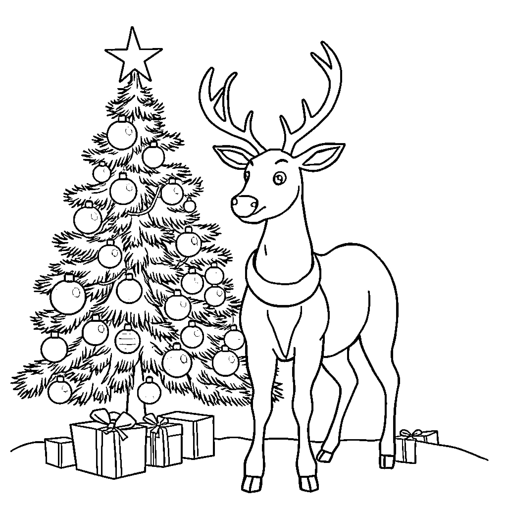 Reindeer and decorated Christmas tree Coloring Page (free black-and-white line drawing printable PDF for all, from beginners to advanced learners, including children, teens, adults, and seniors)