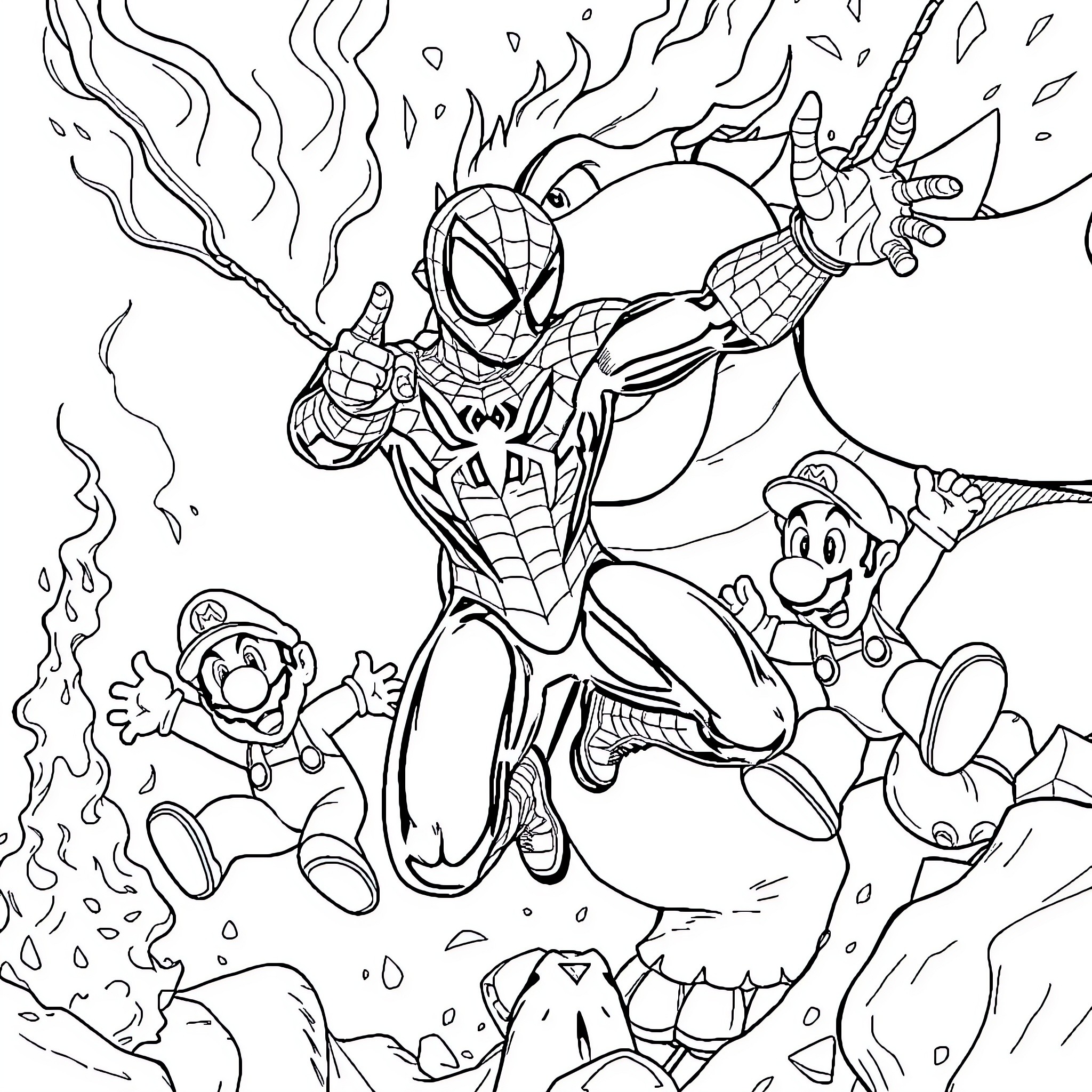 Spiderman battles foes in an action-packed scene Coloring Page (free black-and-white line drawing printable PDF for all, from beginners to advanced learners, including children, teens, adults, and seniors)