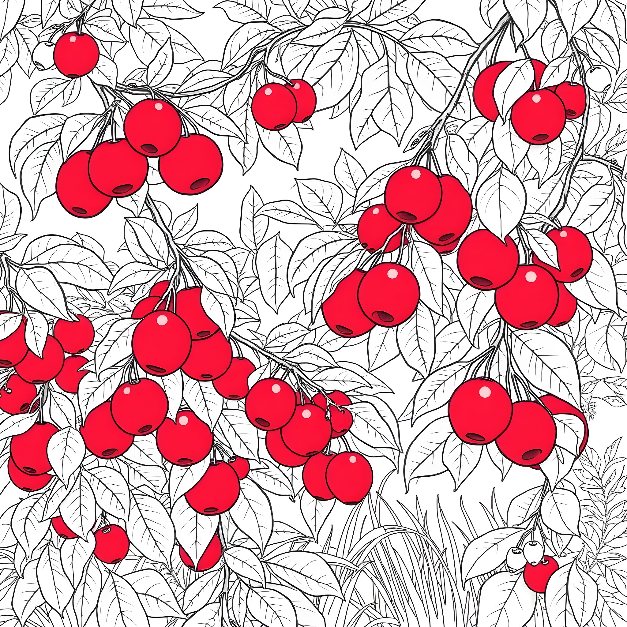 Catmon in a fruity garden Coloring Page (free black-and-white line drawing printable PDF for all, from beginners to advanced learners, including children, teens, adults, and seniors)