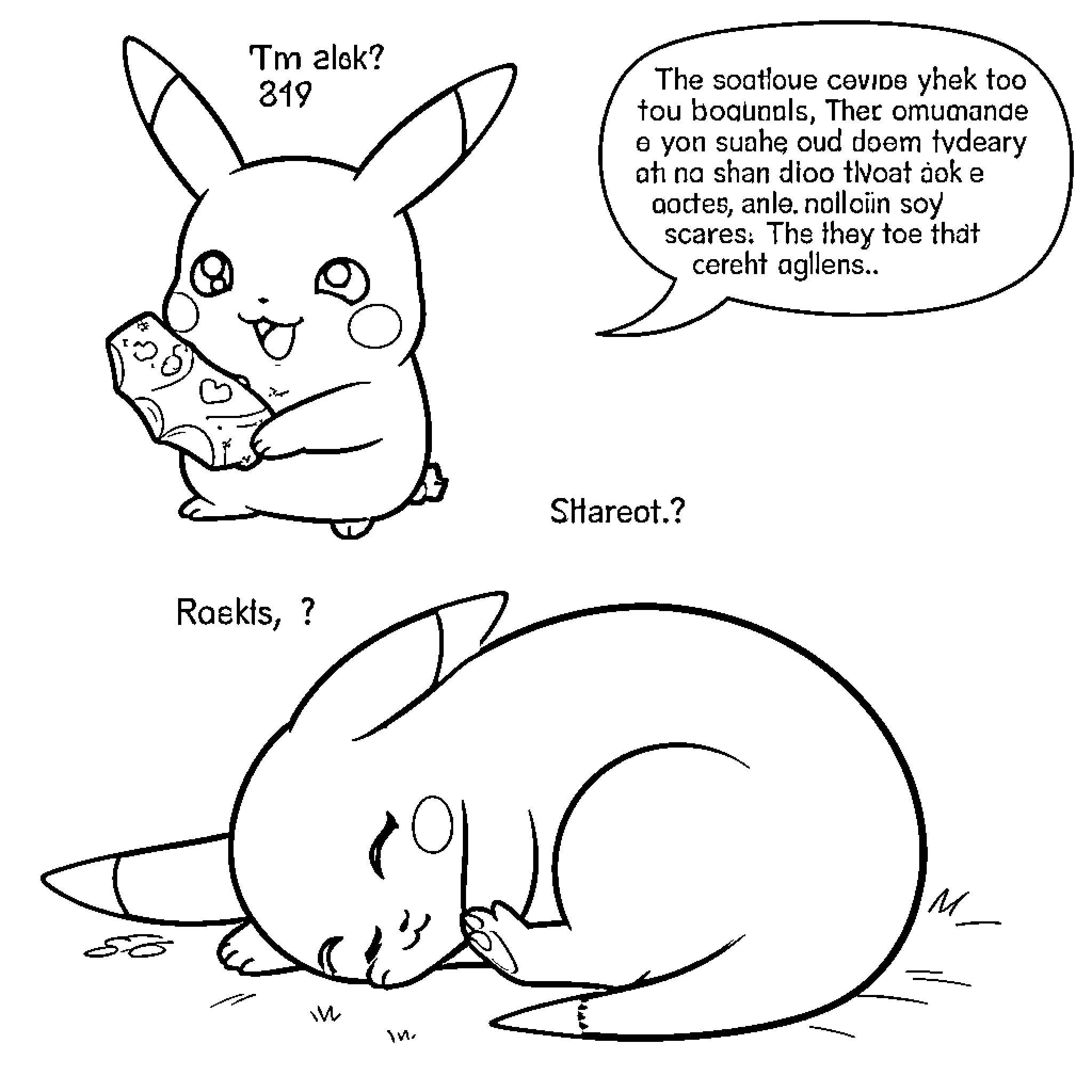 Pikachu eating snacks and sleeping peacefully Coloring Page (free black-and-white line drawing printable PDF for all, from beginners to advanced learners, including children, teens, adults, and seniors)