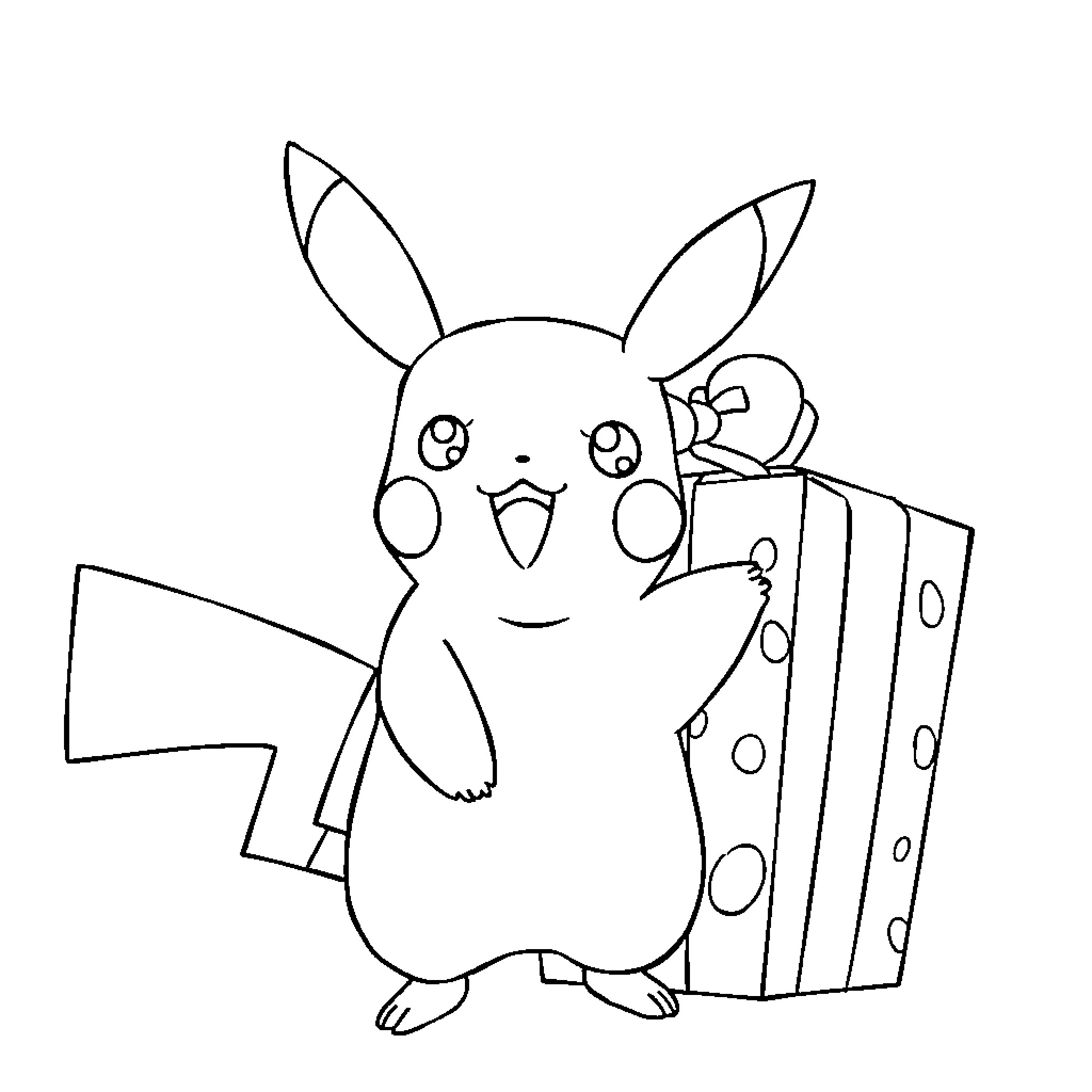 Pikachu playing happily with a gift box Coloring Page (free black-and-white line drawing printable PDF for all, from beginners to advanced learners, including children, teens, adults, and seniors)