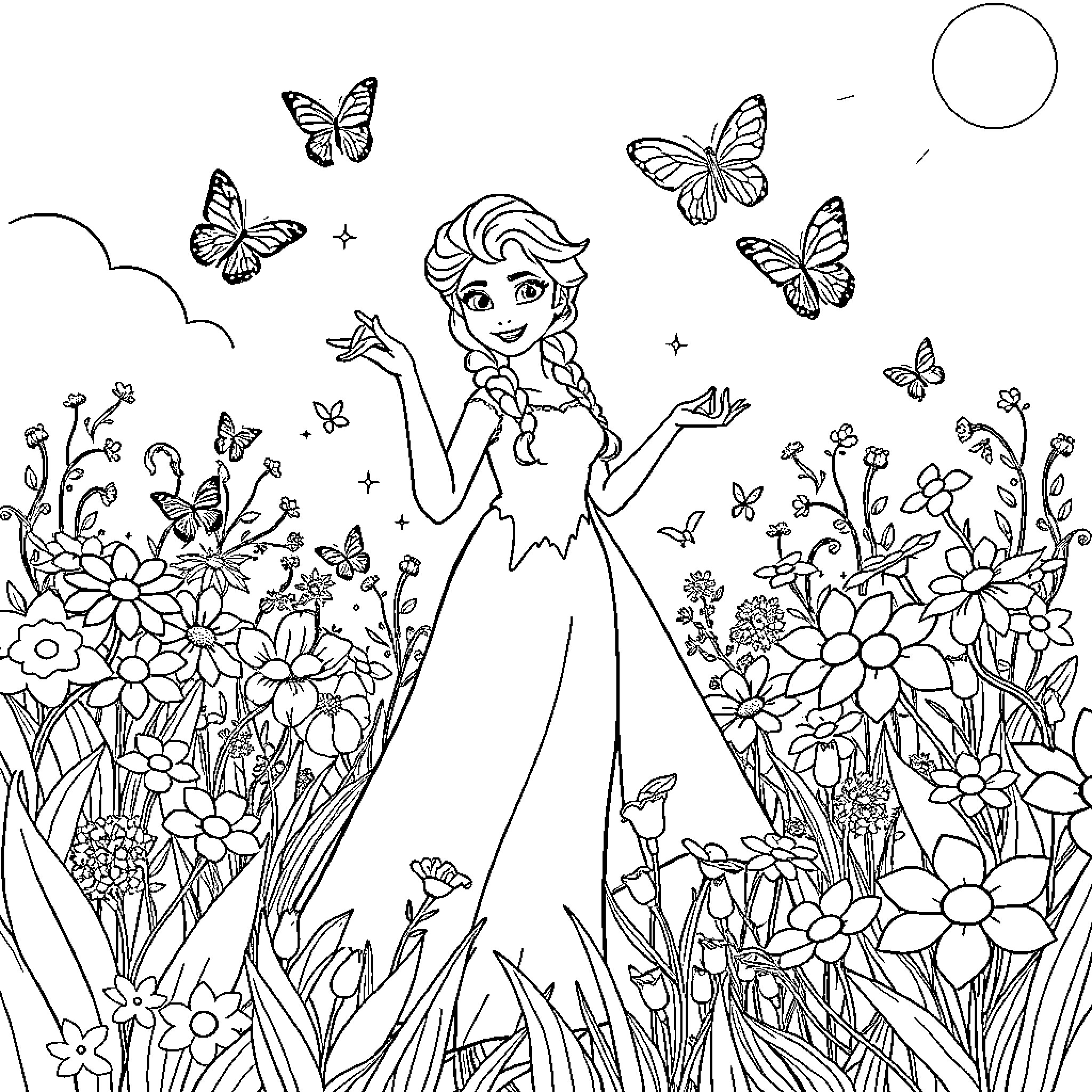 Elsa surrounded by butterflies in a magical garden Coloring Page (free black-and-white line drawing printable PDF for all, from beginners to advanced learners, including children, teens, adults, and seniors)