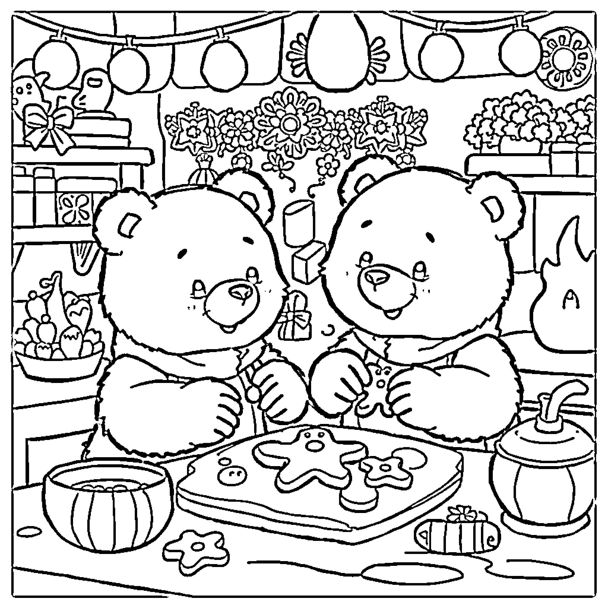 Bear friends baking festive cookies together Coloring Page (free black-and-white line drawing printable PDF for all, from beginners to advanced learners, including children, teens, adults, and seniors)