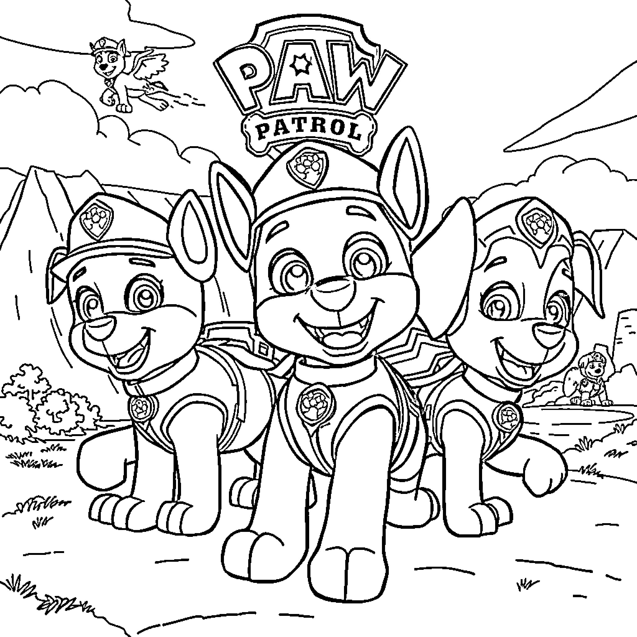 Paw Patrol Pups on an Adventure Coloring Page (free black-and-white line drawing printable PDF for all, from beginners to advanced learners, including children, teens, adults, and seniors)