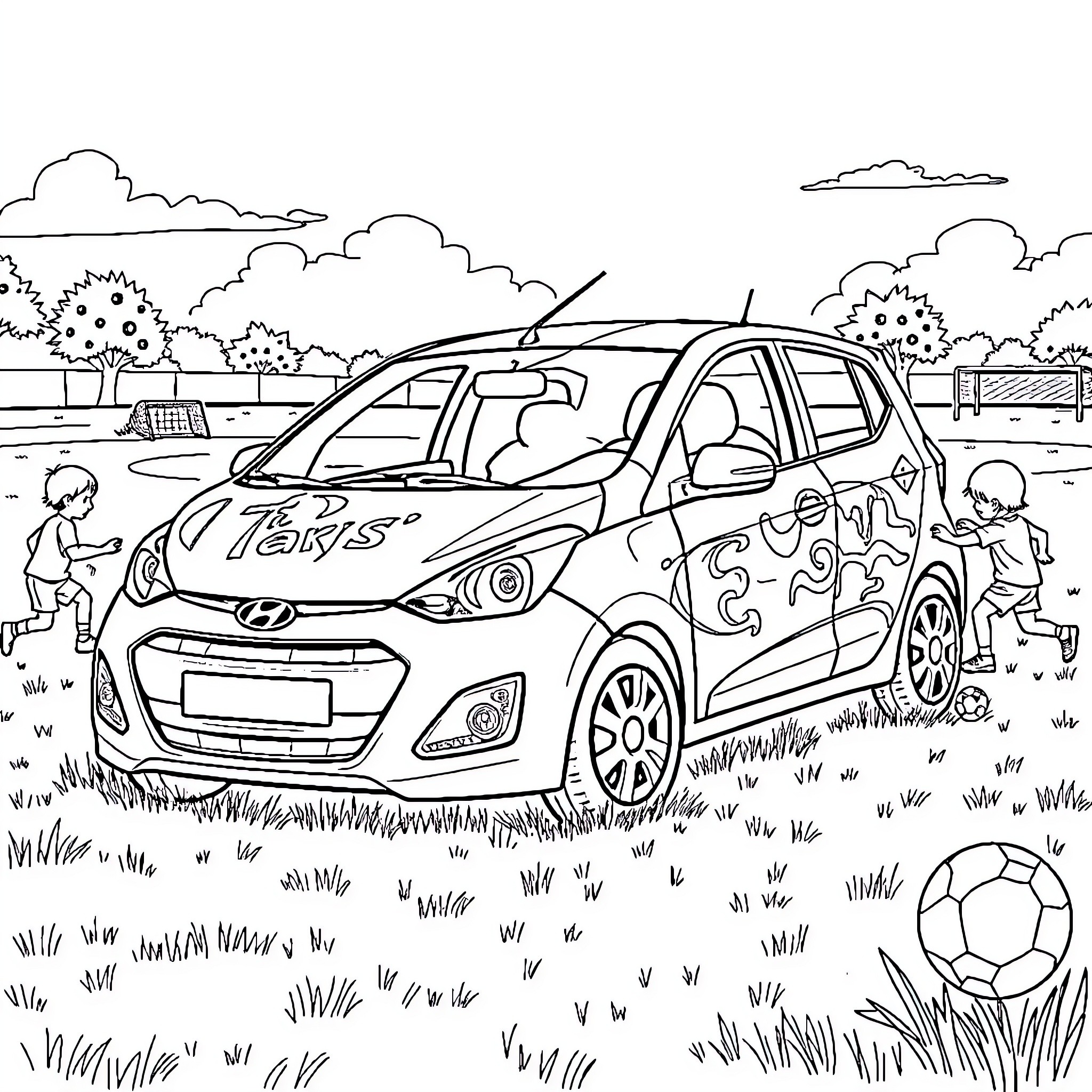 Car with playful designs in a park setting Coloring Page (free black-and-white line drawing printable PDF for all, from beginners to advanced learners, including children, teens, adults, and seniors)