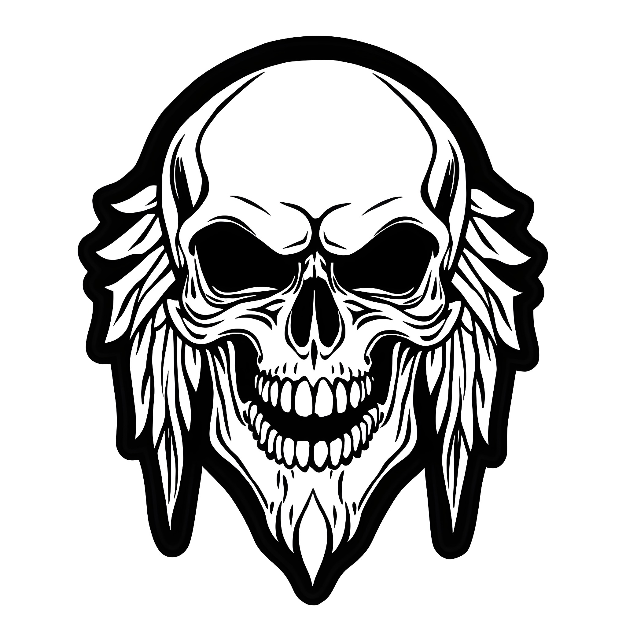 Skull with Fearsome Expression and Feathered Wings Coloring Page (free black-and-white line drawing printable PDF for all, from beginners to advanced learners, including children, teens, adults, and seniors)