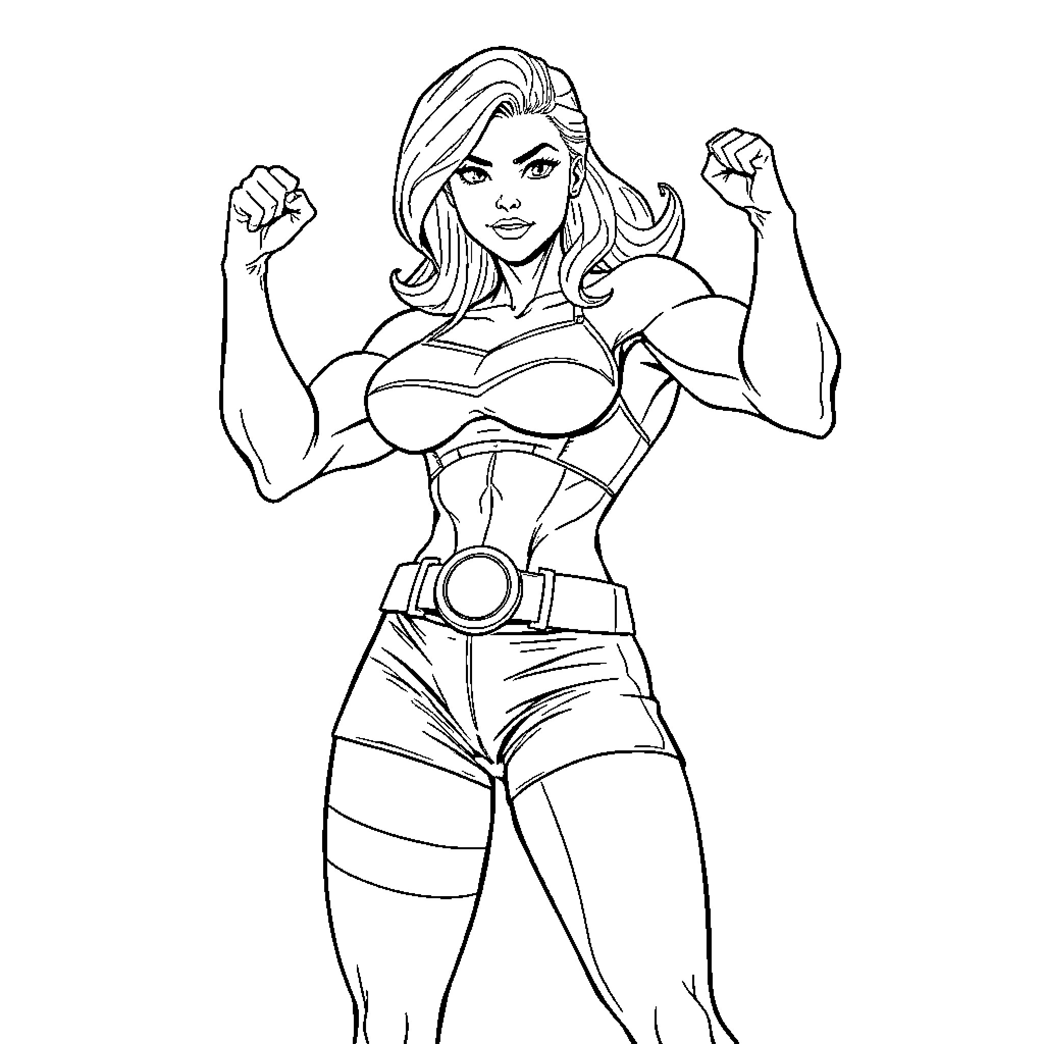 Female Superhero striking a powerful pose Coloring Page (free black-and-white line drawing printable PDF for all, from beginners to advanced learners, including children, teens, adults, and seniors)