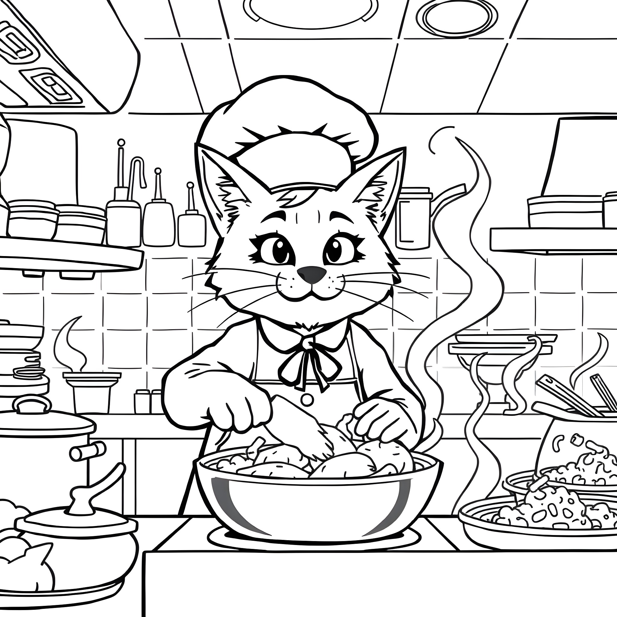 Cat chef cooking in the kitchen Coloring Page (free black-and-white line drawing printable PDF for all, from beginners to advanced learners, including children, teens, adults, and seniors)