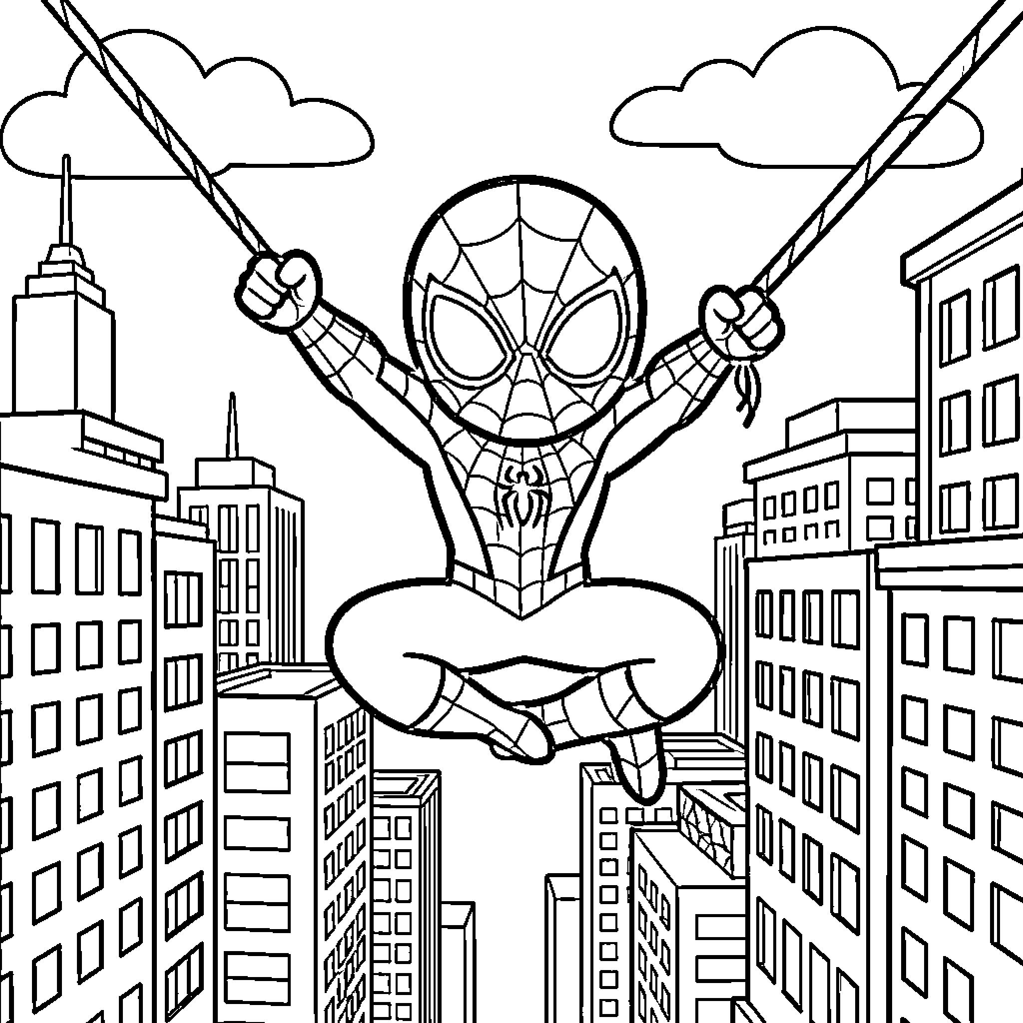 Spider-Man swinging through the city skyline Coloring Page (free black-and-white line drawing printable PDF for all, from beginners to advanced learners, including children, teens, adults, and seniors)