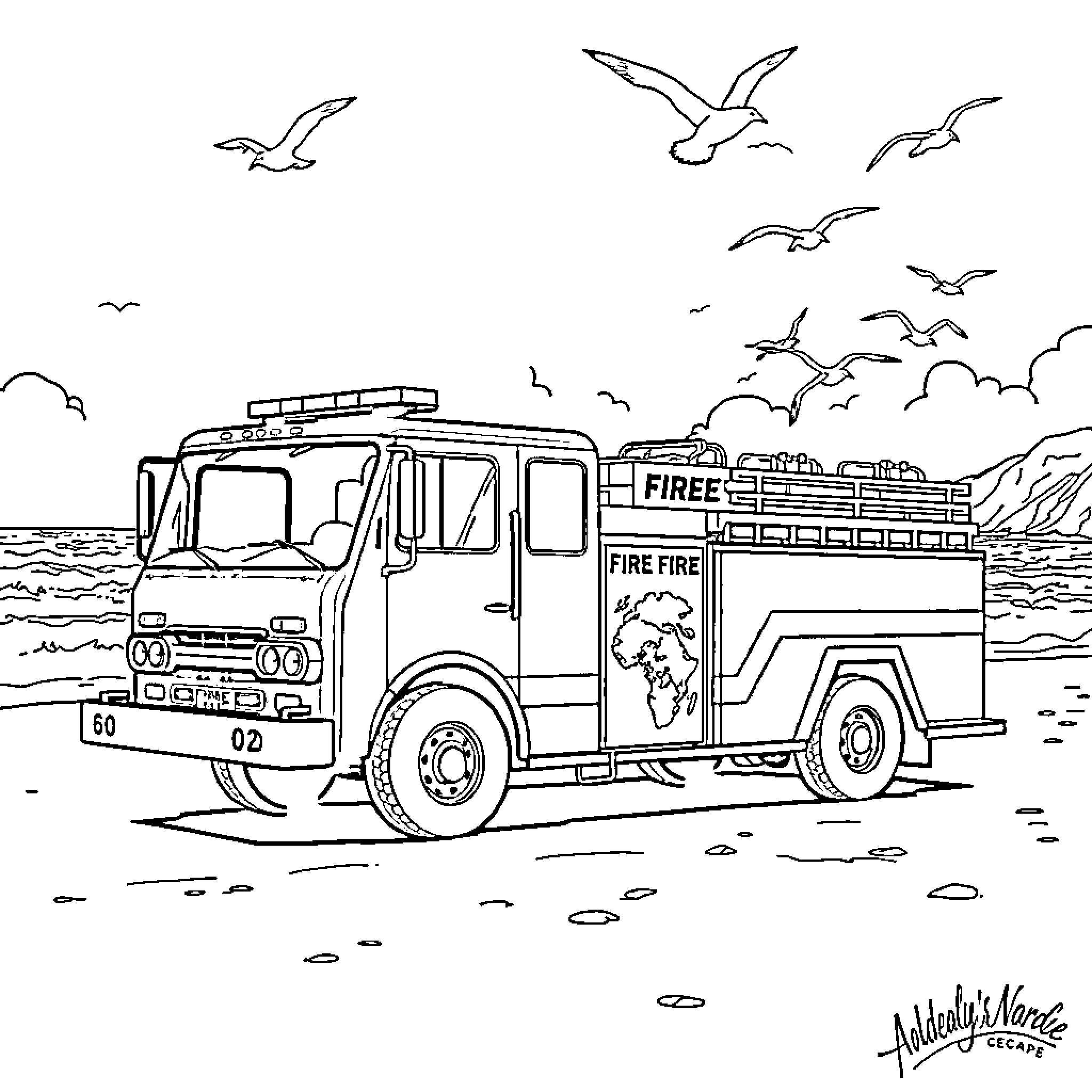 Firetruck responding to emergency call in the wilderness Coloring Page (free black-and-white line drawing printable PDF for all, from beginners to advanced learners, including children, teens, adults, and seniors)