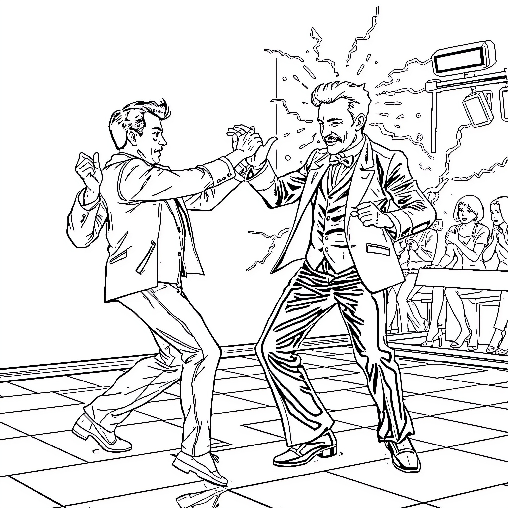 Elon's Dashing Dance Off Coloring Page (free black-and-white line drawing printable PDF for all, from beginners to advanced learners, including children, teens, adults, and seniors)