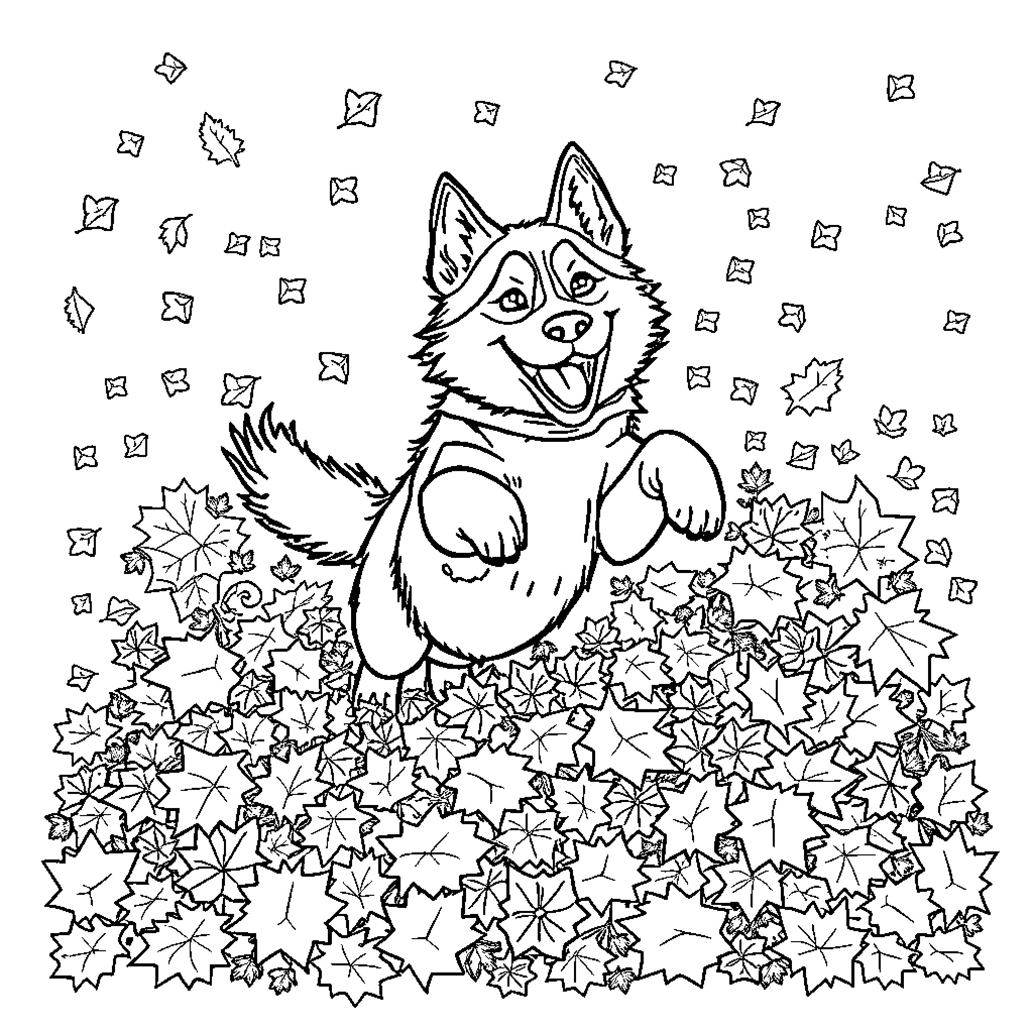Husky playing in autumn leaves Coloring Page (free black-and-white line drawing printable PDF for all, from beginners to advanced learners, including children, teens, adults, and seniors)